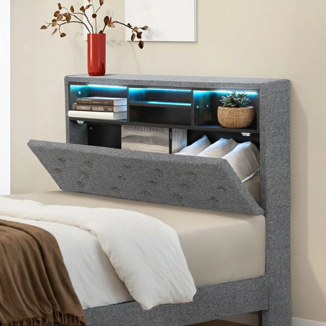 6 Artiss Bed Frame King Single Size LED Mattress Base Platform with Storage Shelf Hidden Storage Box - Black, 6 of 8