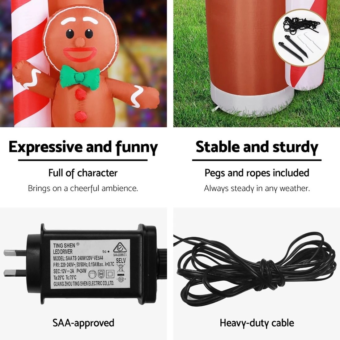 6 Jingle Jollys Christmas Inflatable Archwary Ginger 2.8M Illuminated - Multi, 6 of 6