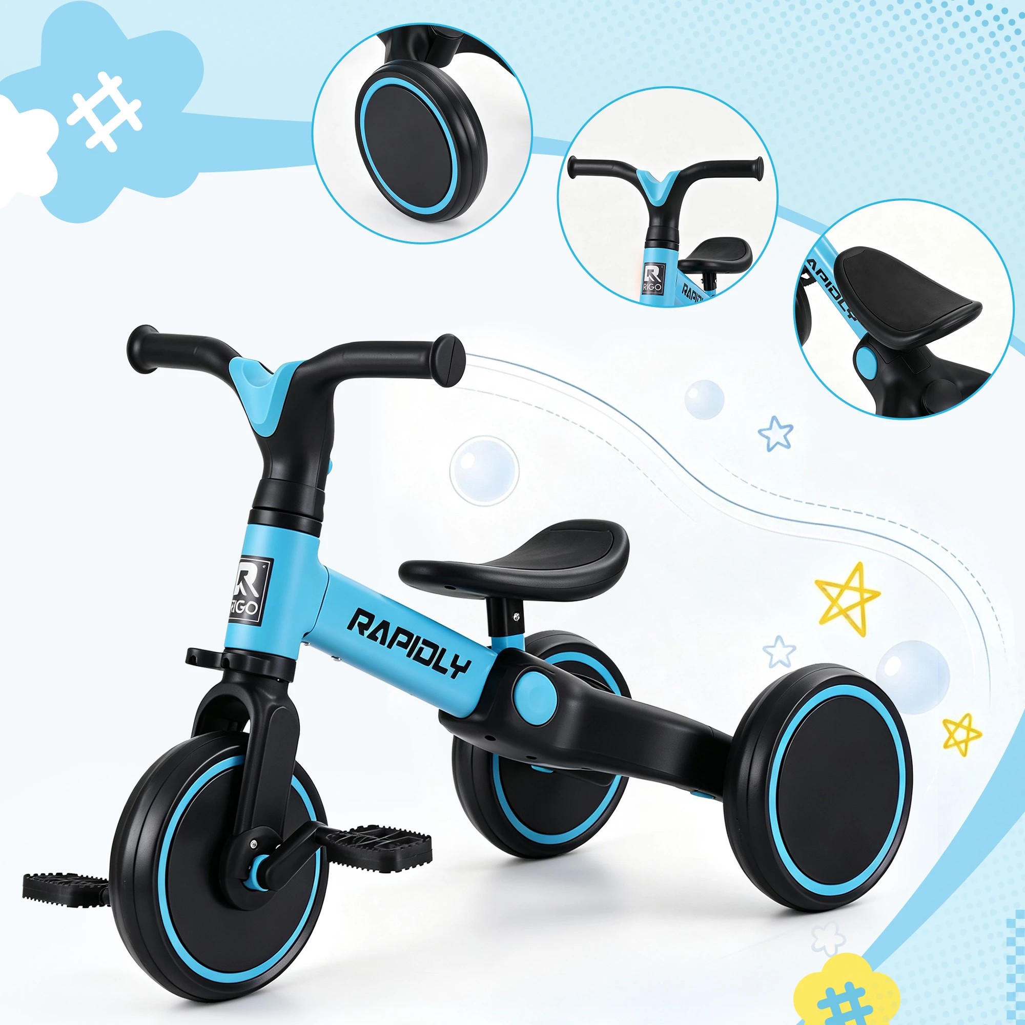 7 RIGO Tricycle Bike, Kids Bike with 3 wheels, Carbon Steel 70cm - Blue, 7 of 8