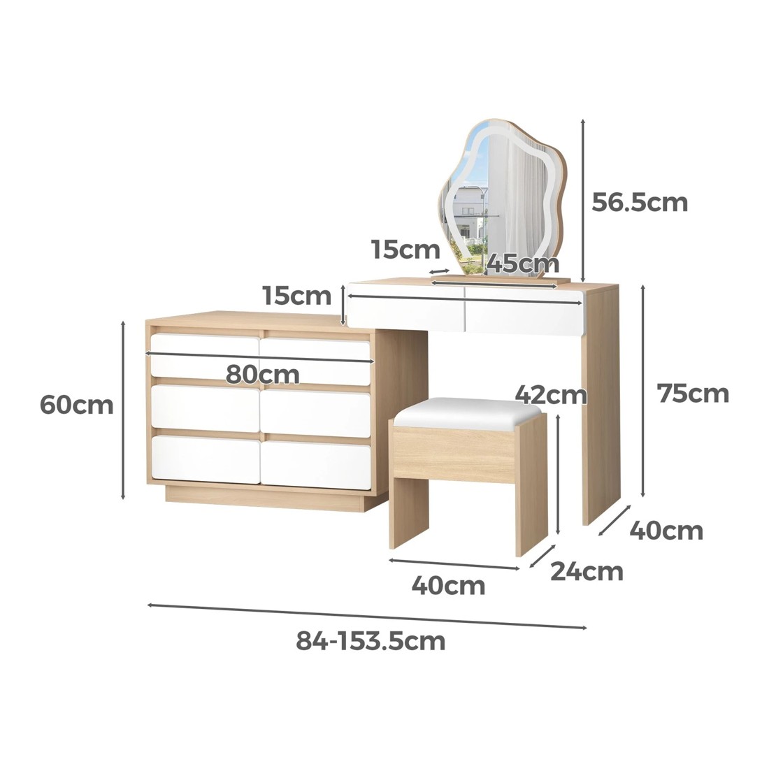 9 Alfordson Dressing Table Stool Set Makeup Mirror Desk LED 8 Drawers - Oak, 9 of 10