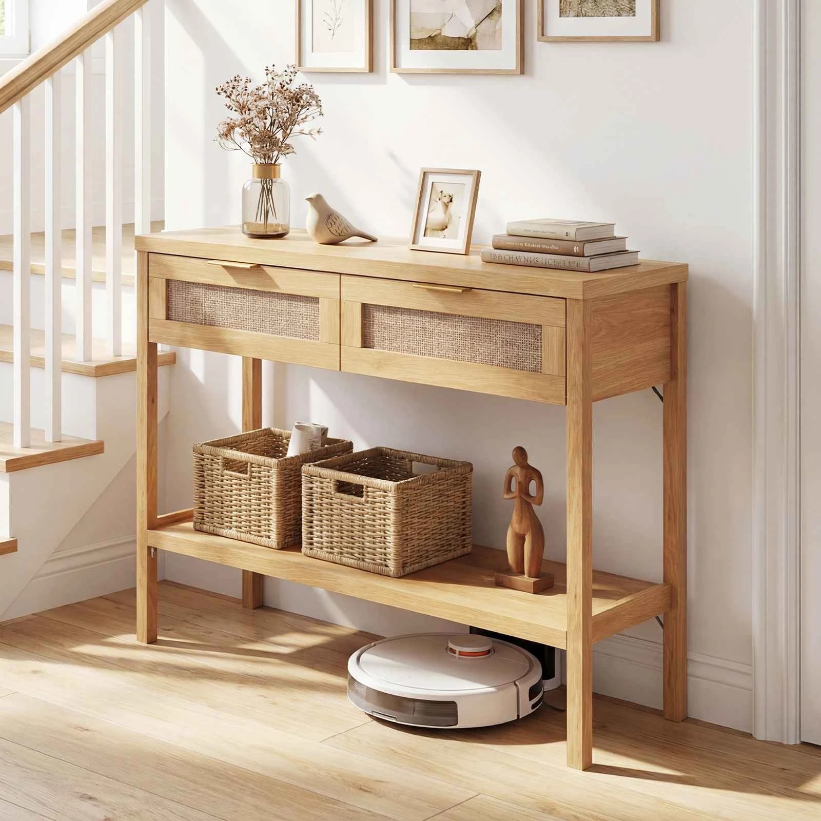 3 Costway Rattan Console Table Narrow Sofa Side Table w/2 Drawers, 3 of 6