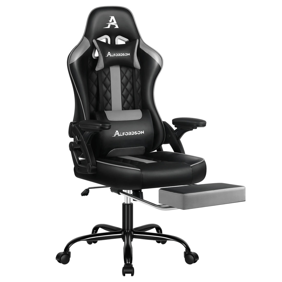 1 Alfordson Gaming Office Chair Massage Computer Footrest Leather - Grey, 1 of 10
