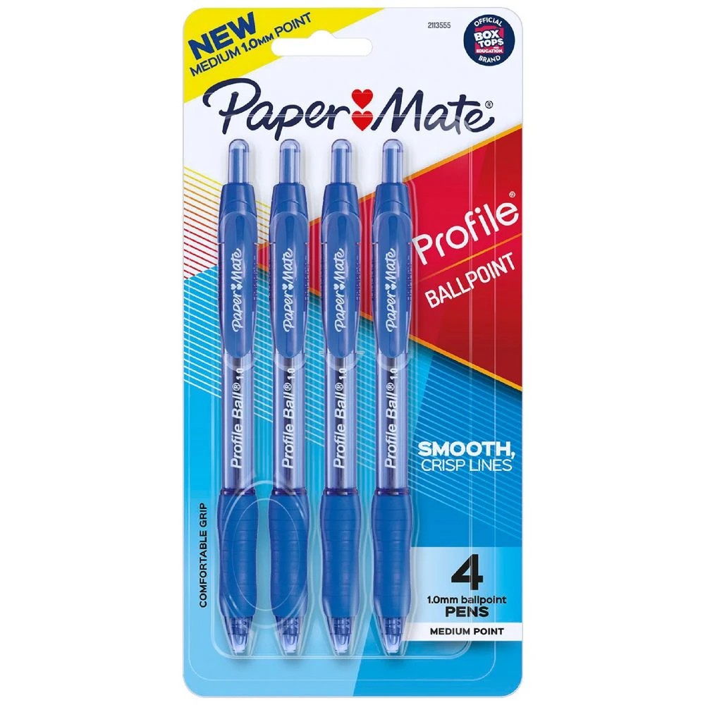 1 Paper Mate Profile Retractable Ballpoint Pens 1mm Blue 4 Pack, 1 of 2