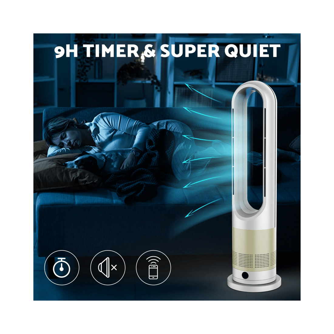 5 Advwin Bladeless Tower Fan, 2 In 1 Electric Fan Heater With 8 Speeds, Portable Oscillation Fan For Room Bedroom Office, 5 of 7