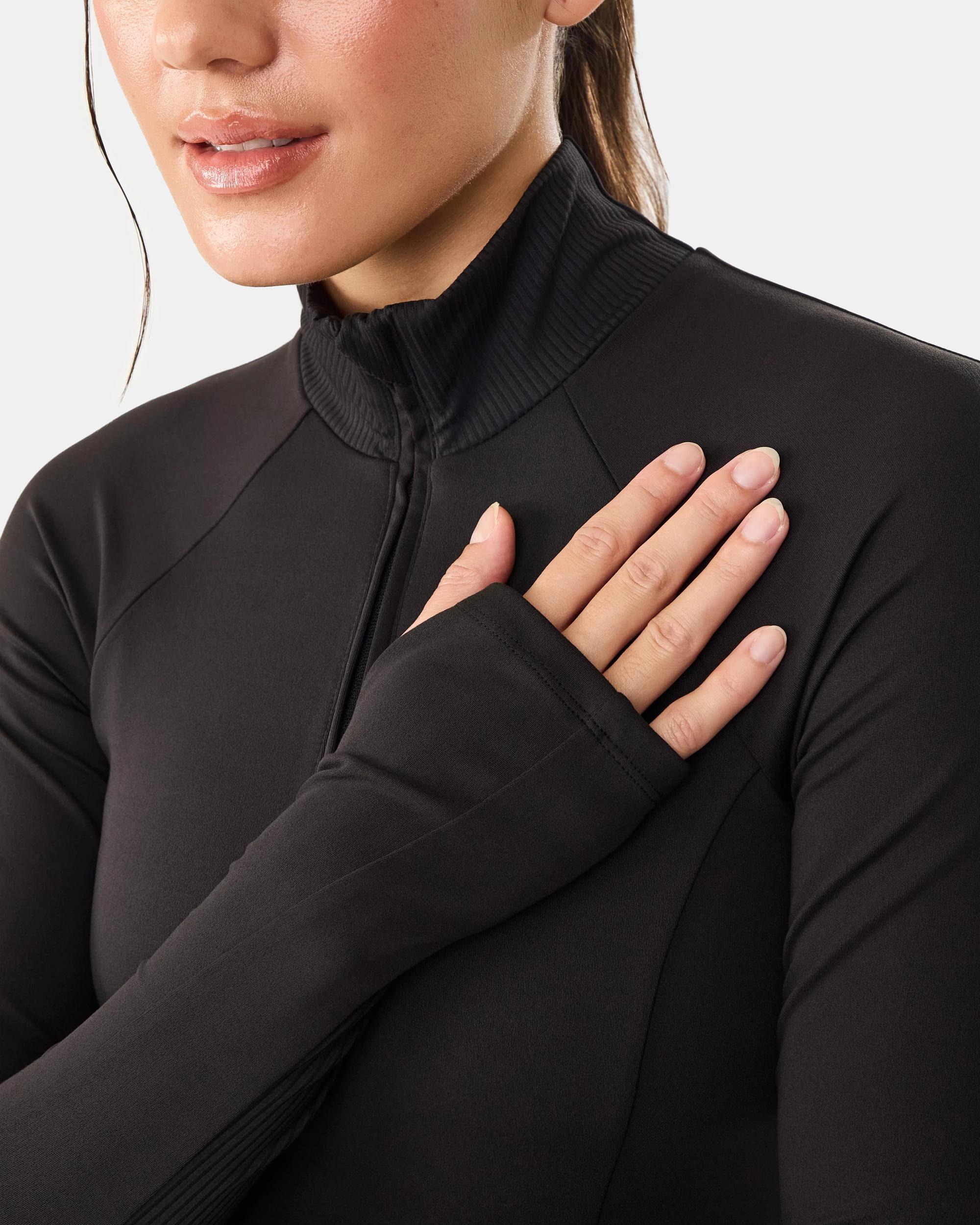 7 Active Womens Quarter Zip Rib Panel Long Sleeve Top Black, 7 of 7
