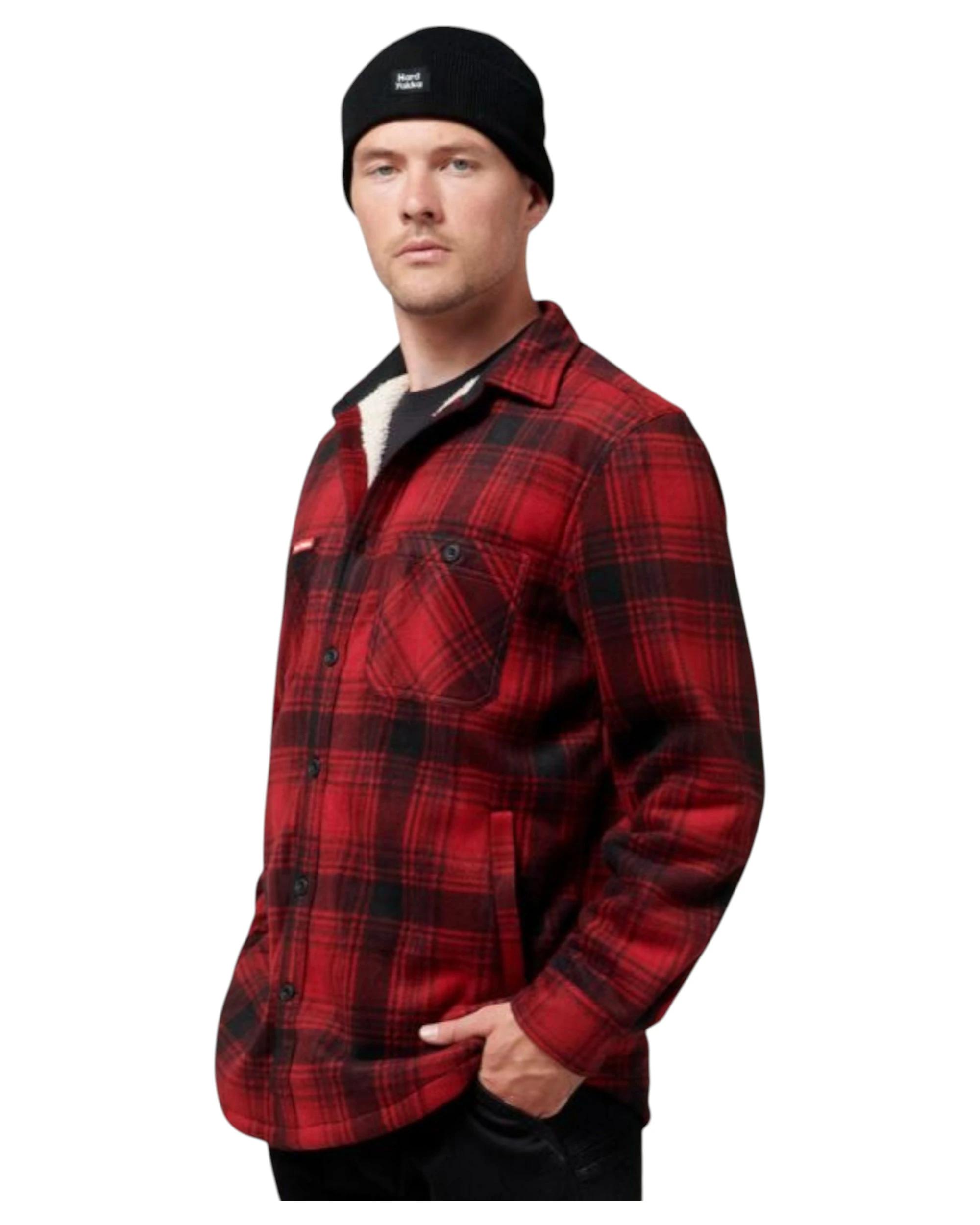 3 Hard Yakka Mens Legends Sherpa Fleece Jacket Shirt Camper Red With Free Beanie CAMPER RED, 3 of 9