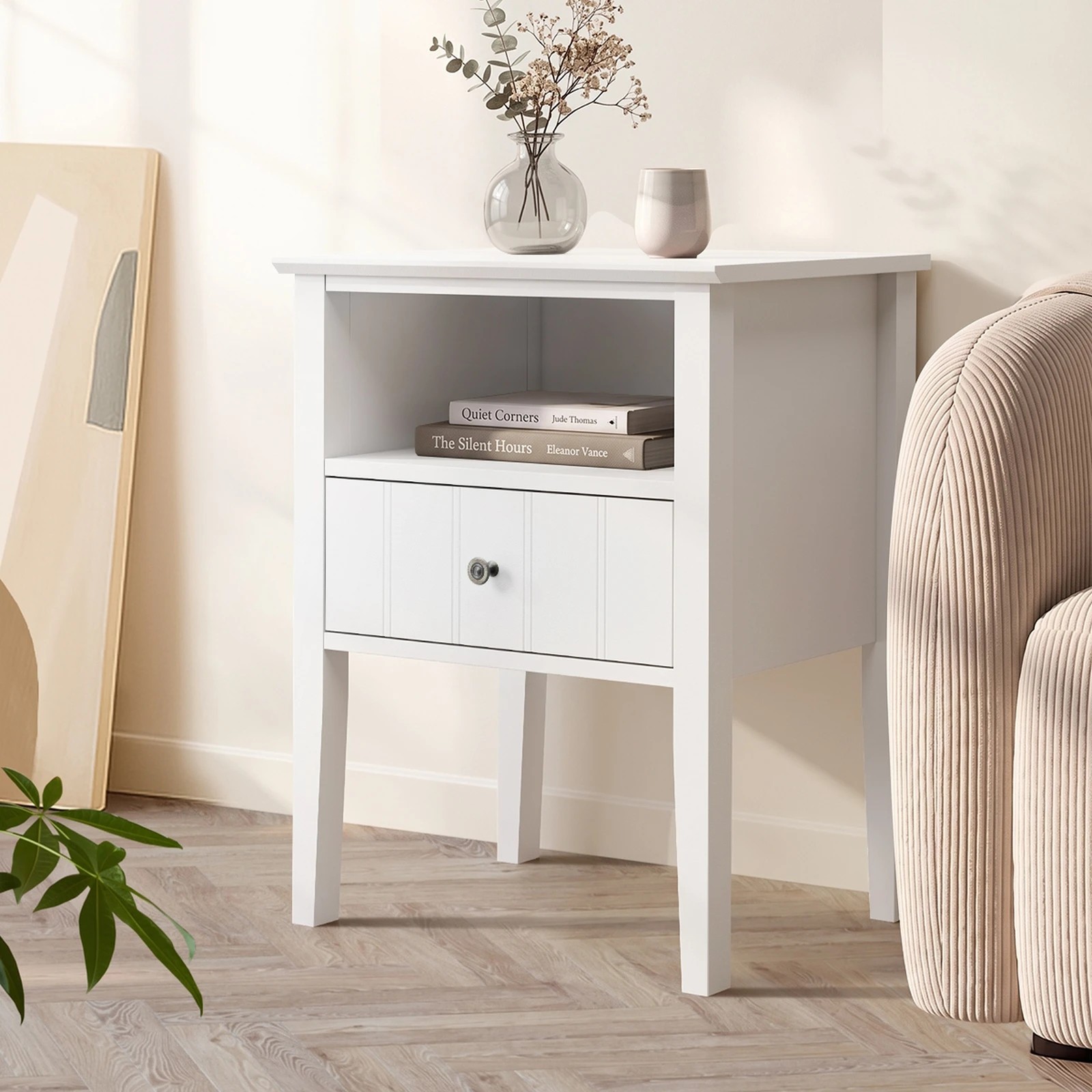 Oikiture 2PC Bedside Table Drawer Shelf Farmhouse Style - White - Kmart