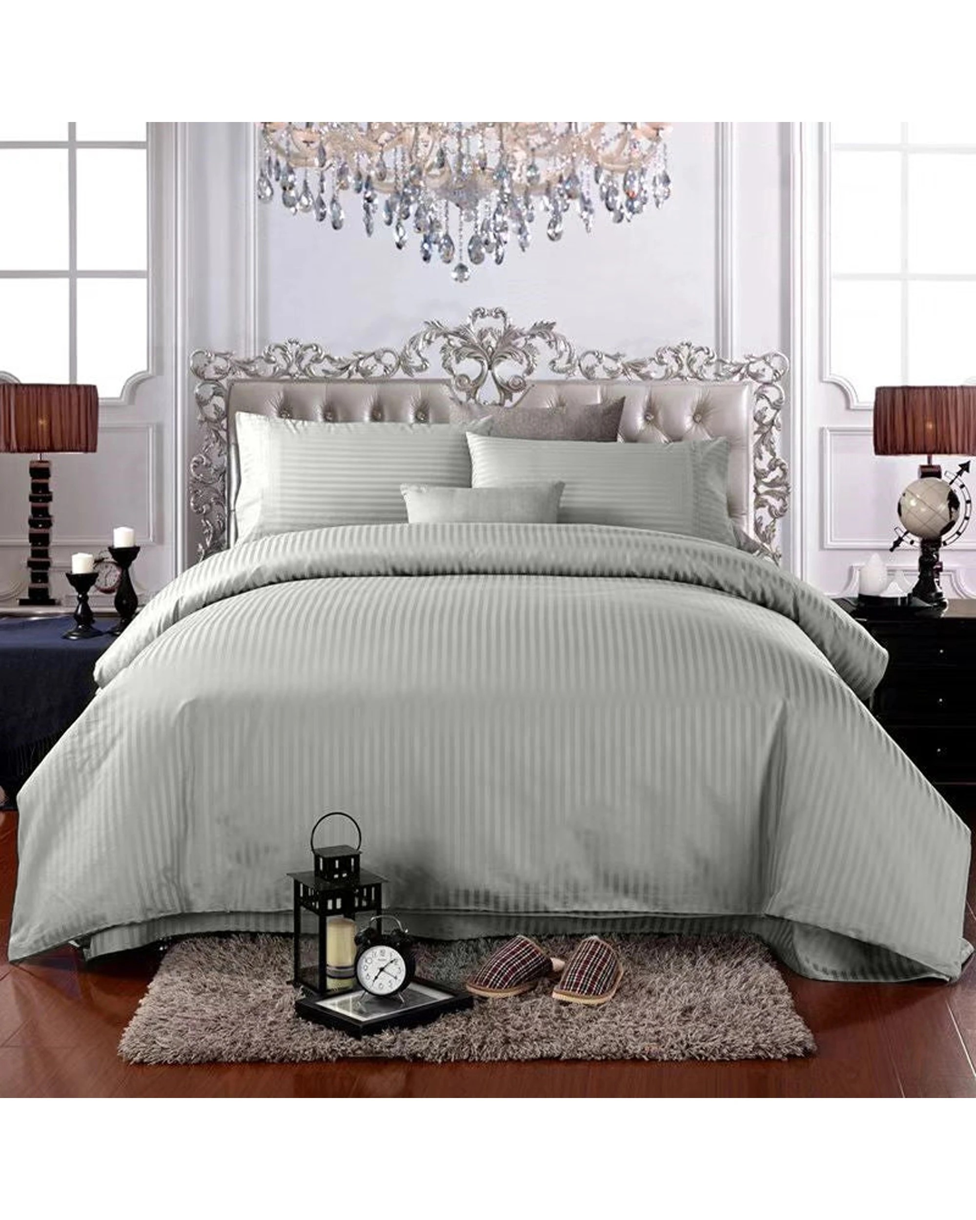 1 Cotton More 650TC 1cm Sateen Striped Quilt Cover Set 100% Cotton Double Light - Grey, 1 of 6