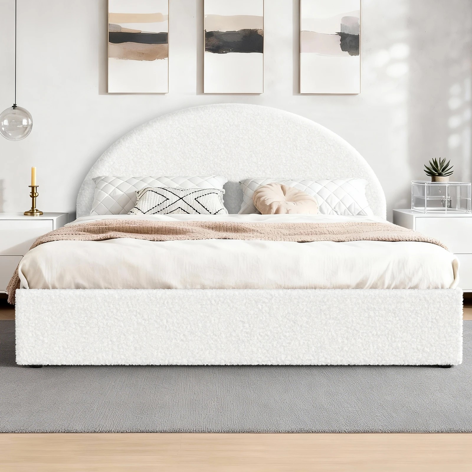 3 Alfordson Bed Frame Queen Size Arched Base Gas Lift Storage Boucle Hoult - White, 3 of 10