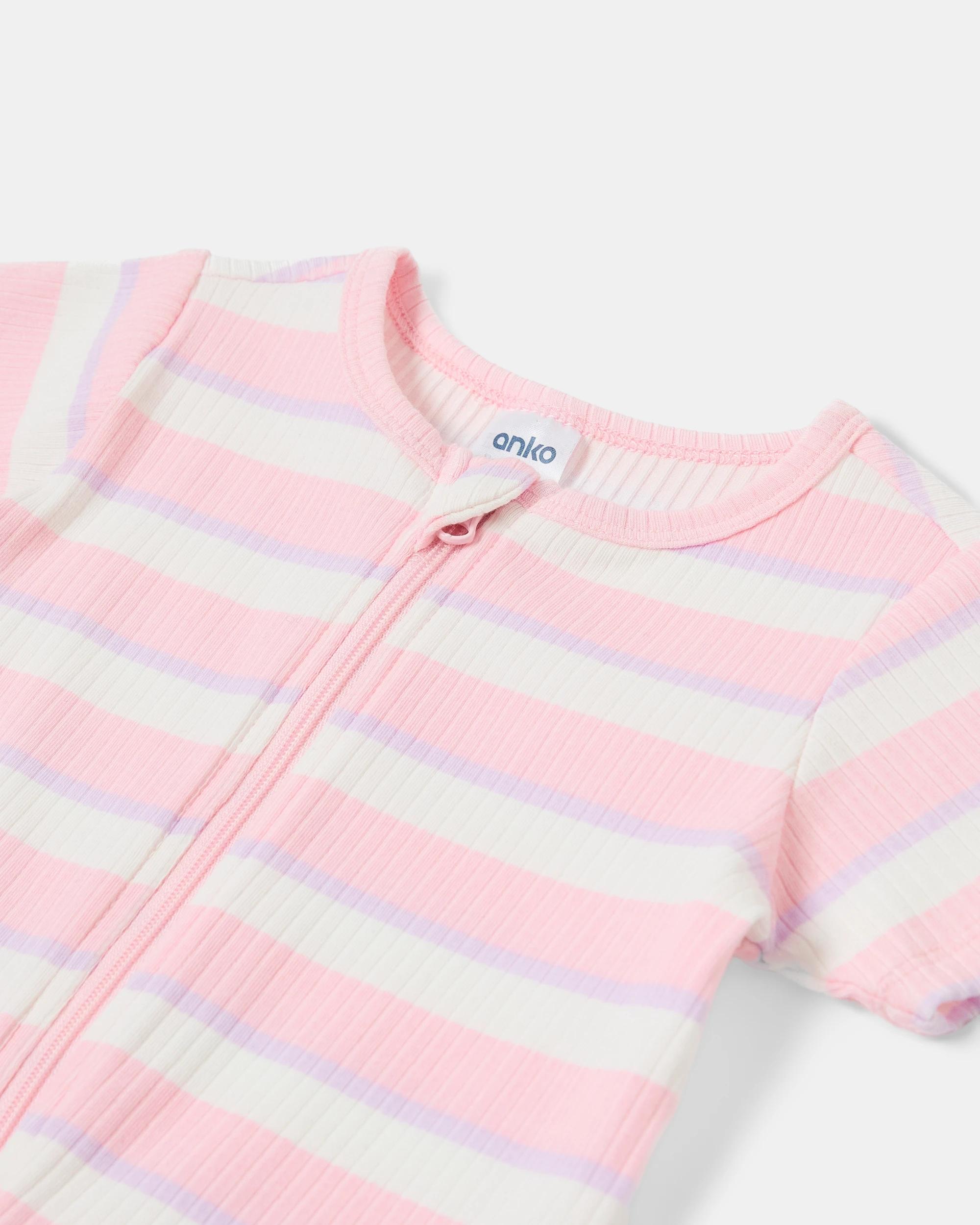 3 Short Sleeve Rib Zip Romper Stripe, 3 of 3
