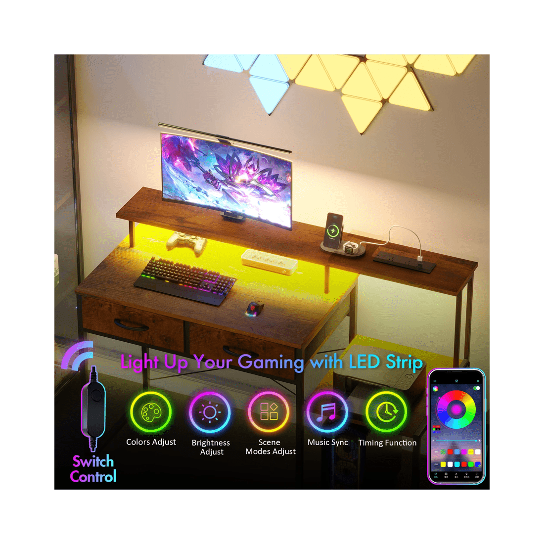 5 Advwin Gaming Desk With Led Lights Power Outlets Reversible Printer Storage Shelf 120cm Walnut, 5 of 10