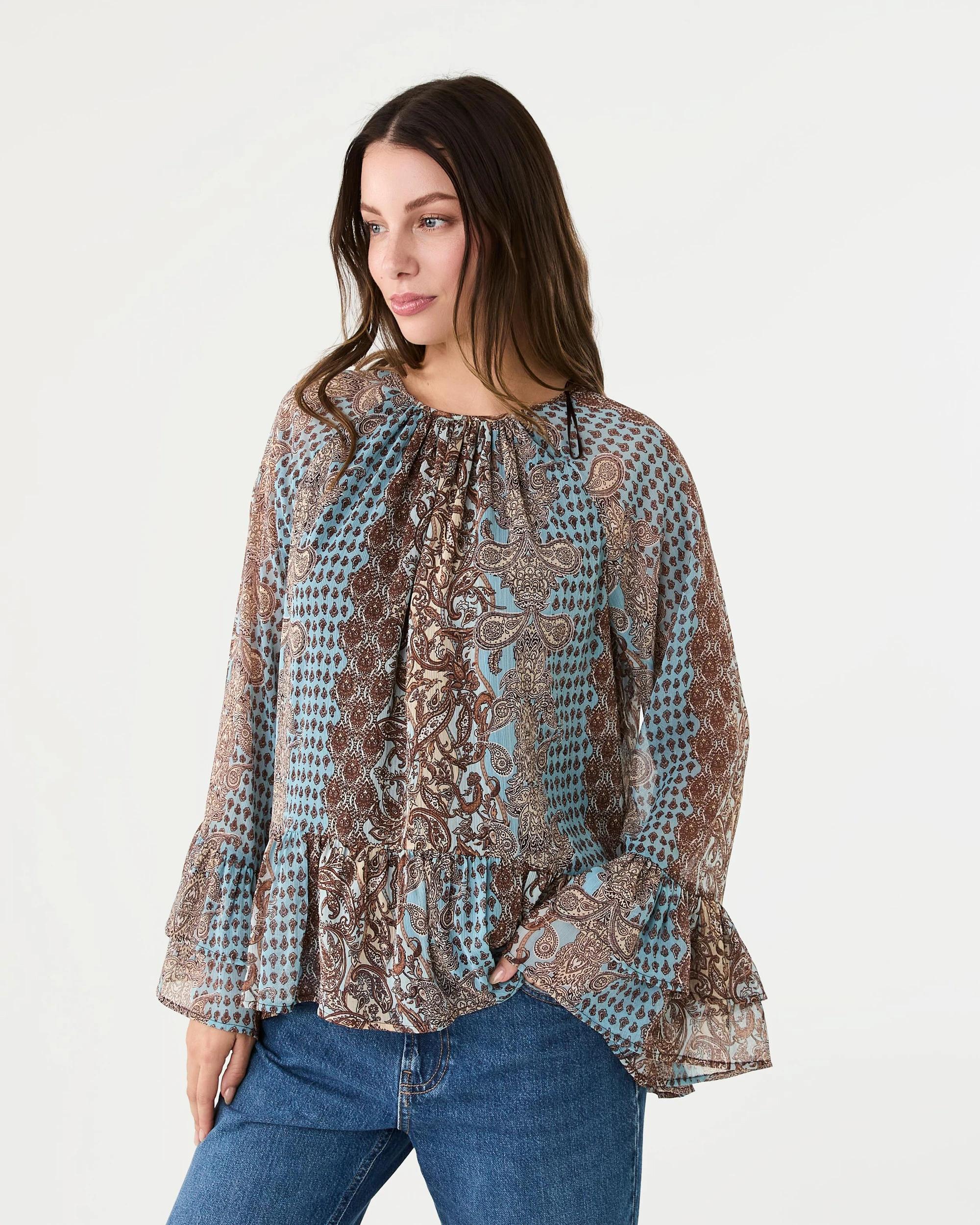 2 Long Sleeve Chiffon Tier Top Paisley, 2 of 8