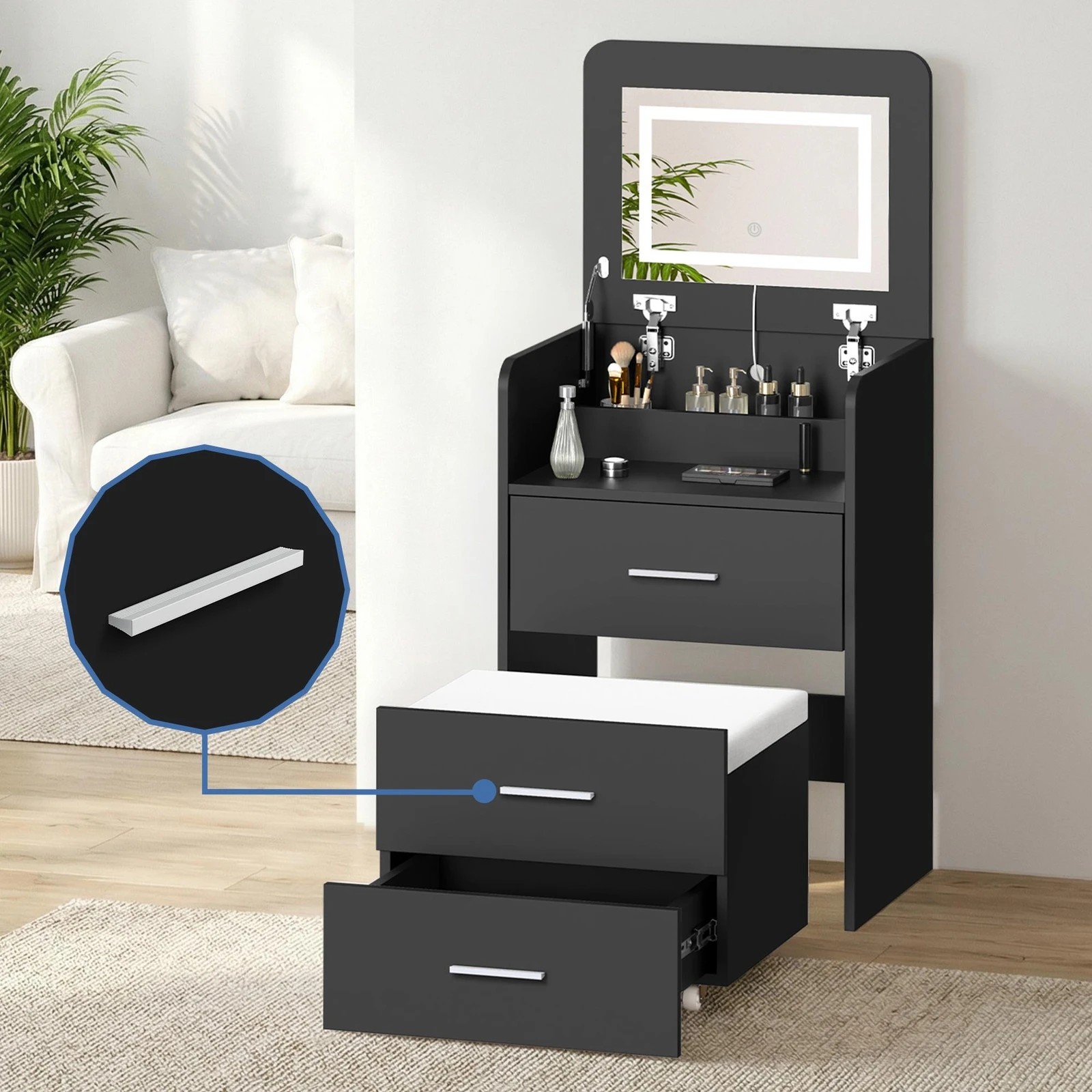 8 Alfordson 2x Dressing Table Stool Set 2-In-1 Makeup Mirror Vanity Desk - Black, 8 of 10