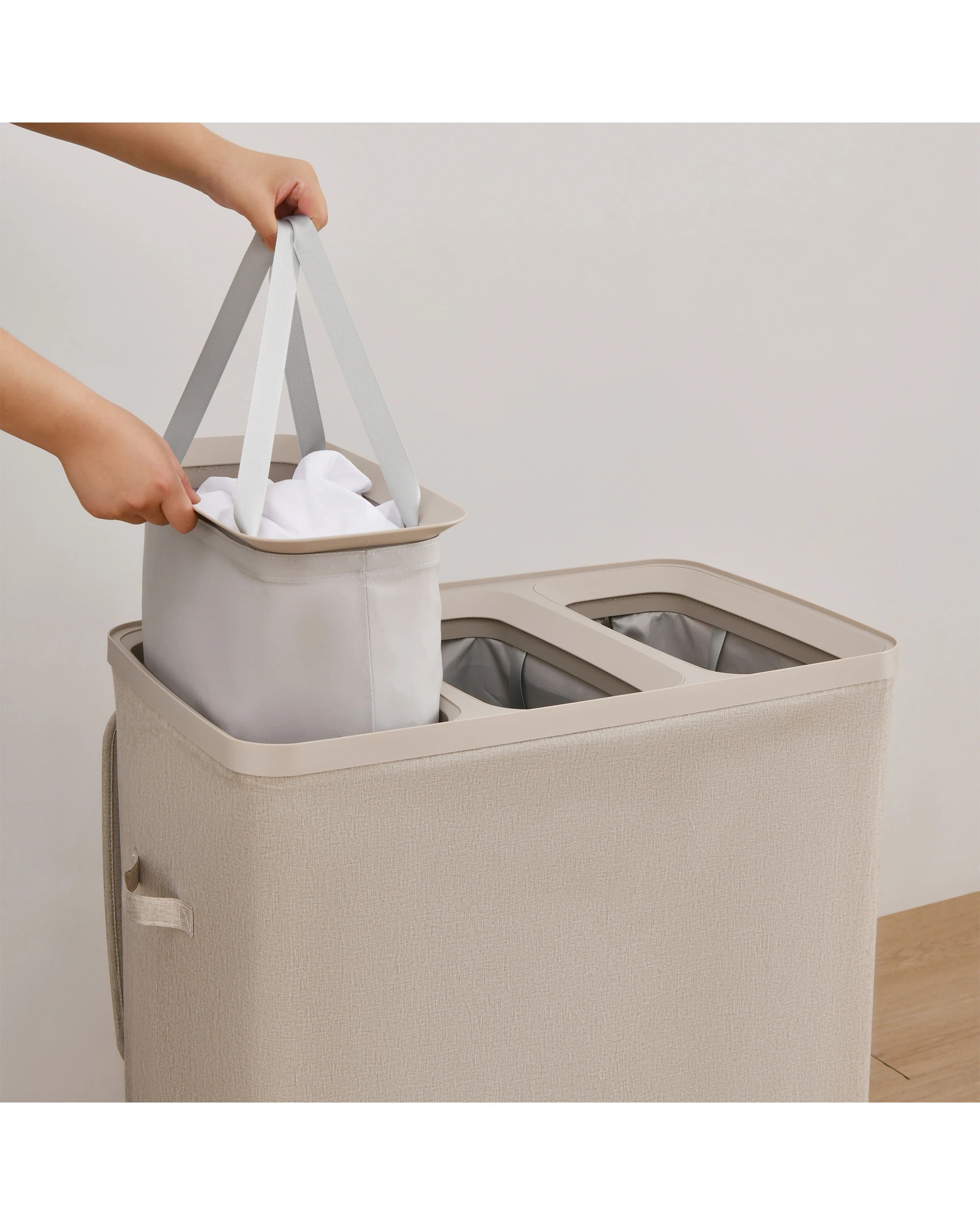 2 Sherwood Voyager 3-Section Laundry Hamper 120L Faux Linen 64x40x67cm - Natural, 2 of 10