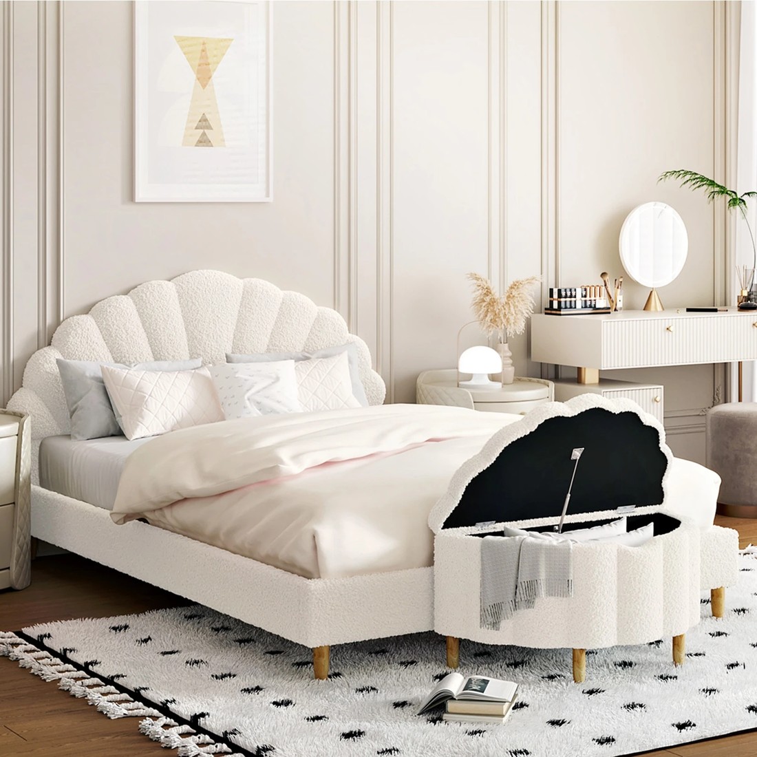 4 Oikiture Storage Ottoman Scallop Boucle Blanket Box Fleece Foot Stool Seat Chest
 - White, 4 of 10