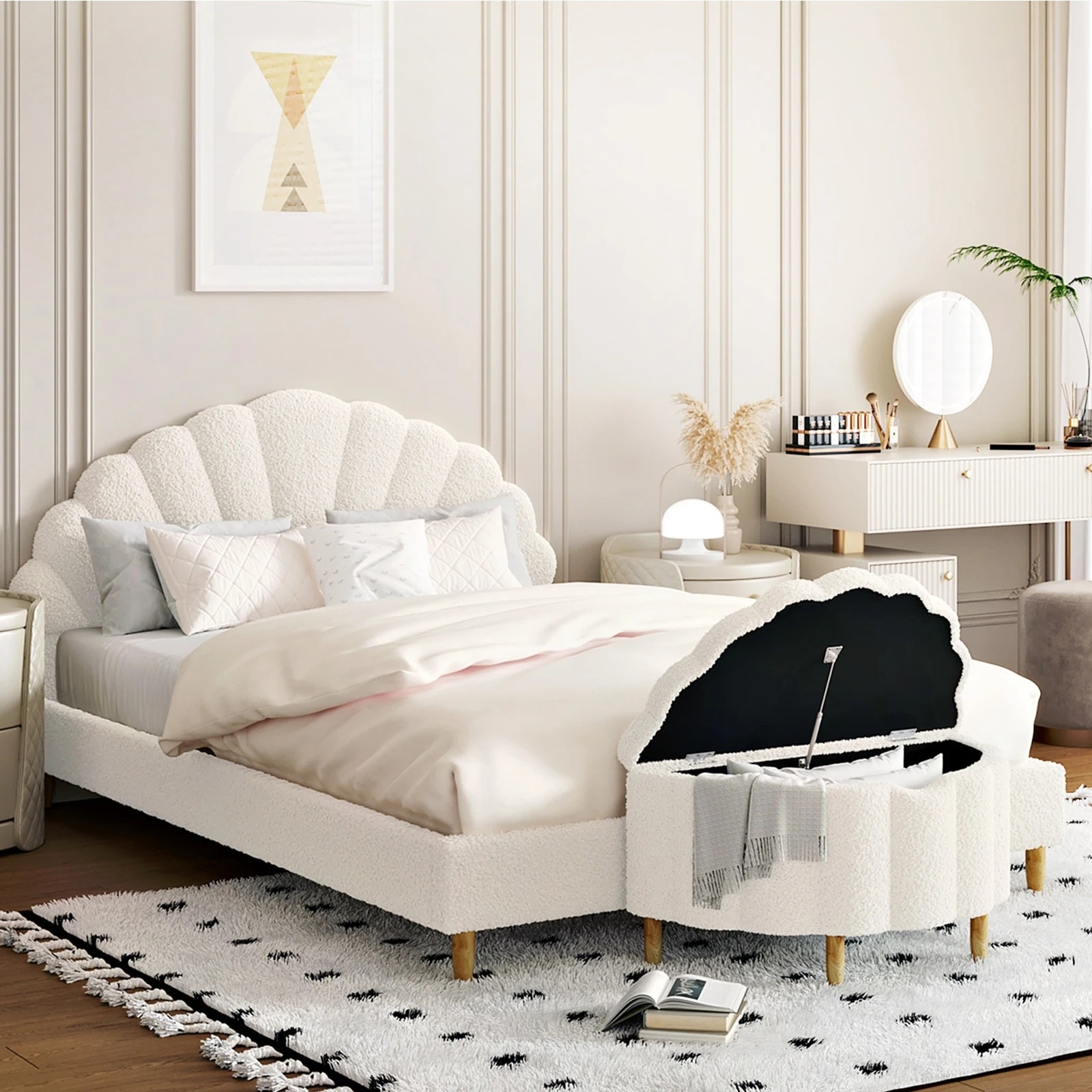 4 Oikiture Storage Ottoman Scallop Boucle Blanket Box Fleece Foot Stool Seat Chest
 - White, 4 of 10