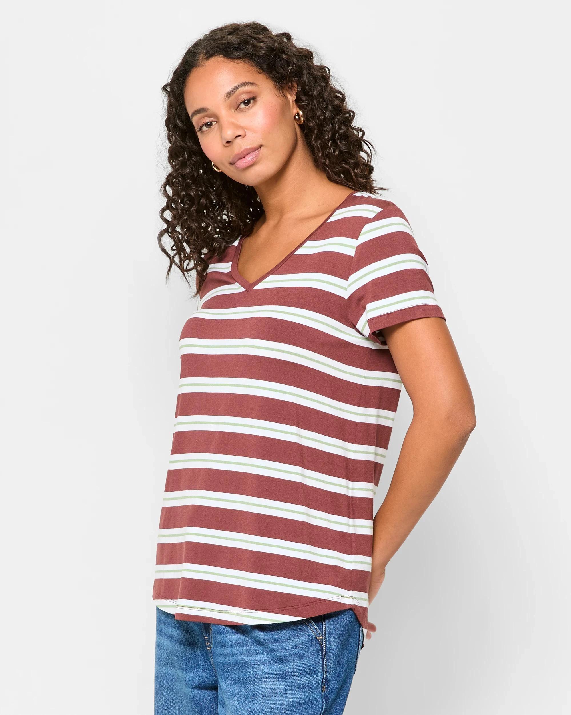 3 Target Woman Short Sleeve V-Neck T-Shirt REDWOOD STRIPE, 3 of 5