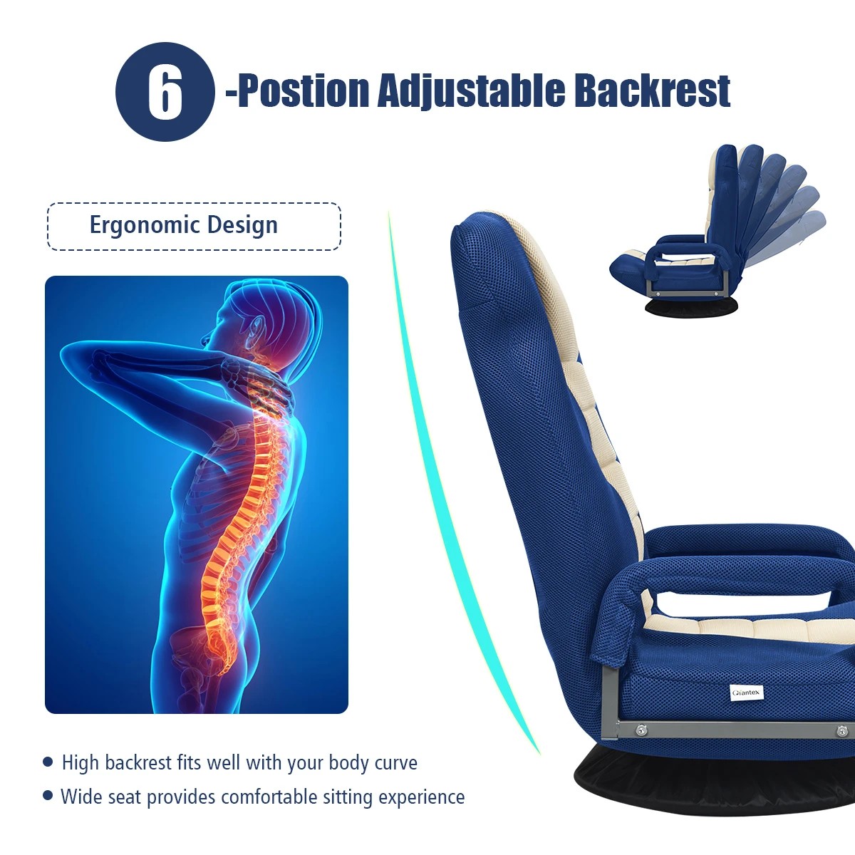 3 Costway Folding Floor Recliner Swivel Lounge Sofa Adjustable Backrest Armchair, 3 of 9