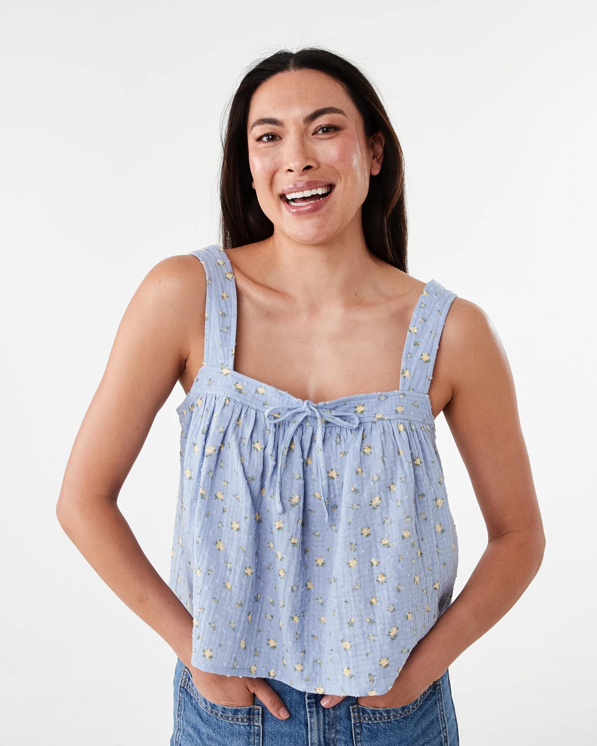 1 Sleeveless Tie Front Top Blue Ditsy, 1 of 6