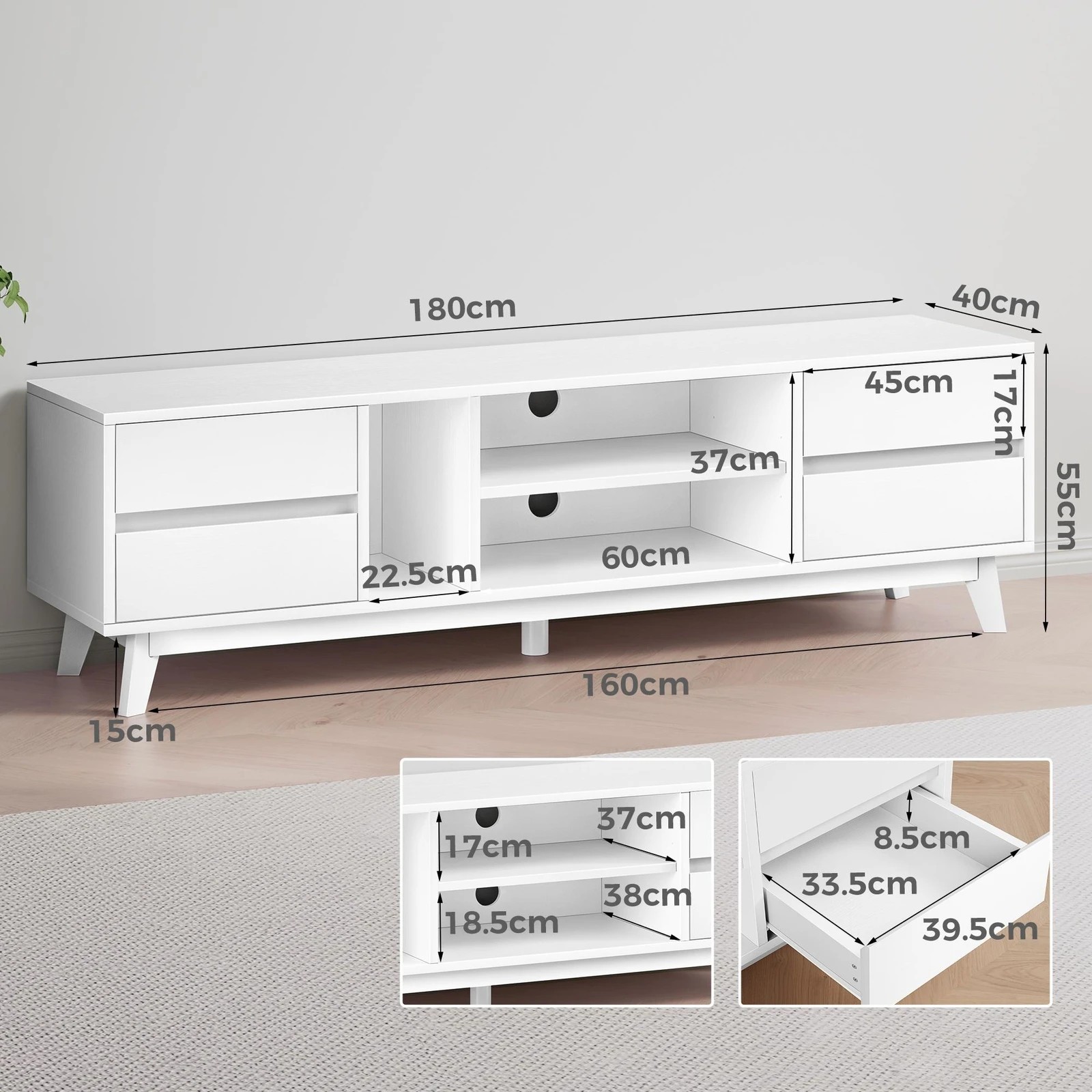 3 Alfordson Entertainment Unit TV Cabinet Stand 180cm Drawer Shelf - White, 3 of 10