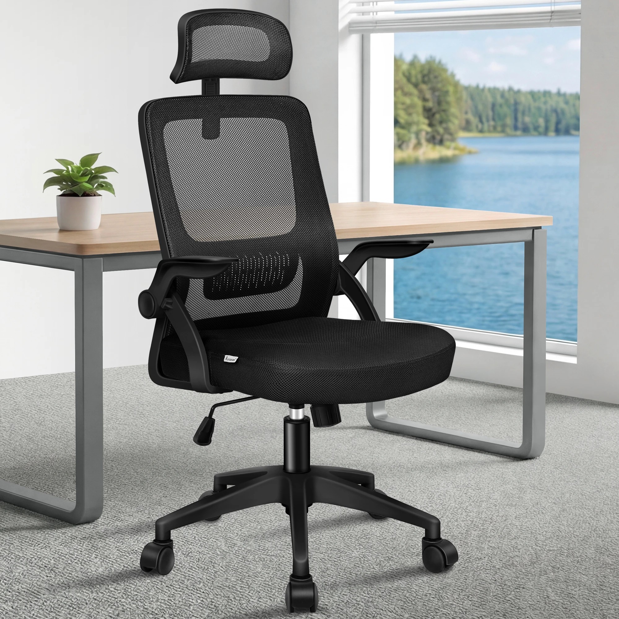 2 Alfordson Mesh Office Chair Fabric Seat Tilt Gaming - Black, 2 of 9