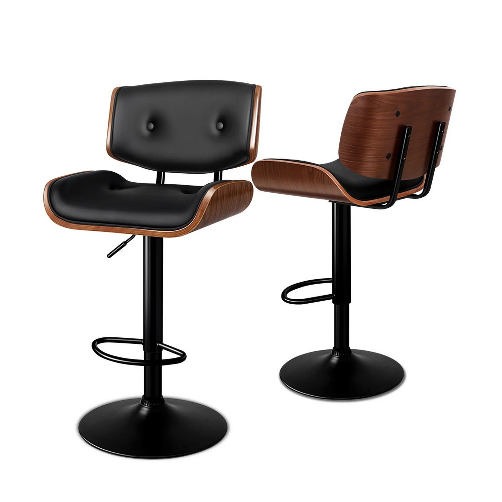 1 Alfordson 2x Bar Stool Kitchen Swivel Chair Wooden Leather Gas Lift - Black, 1 of 9