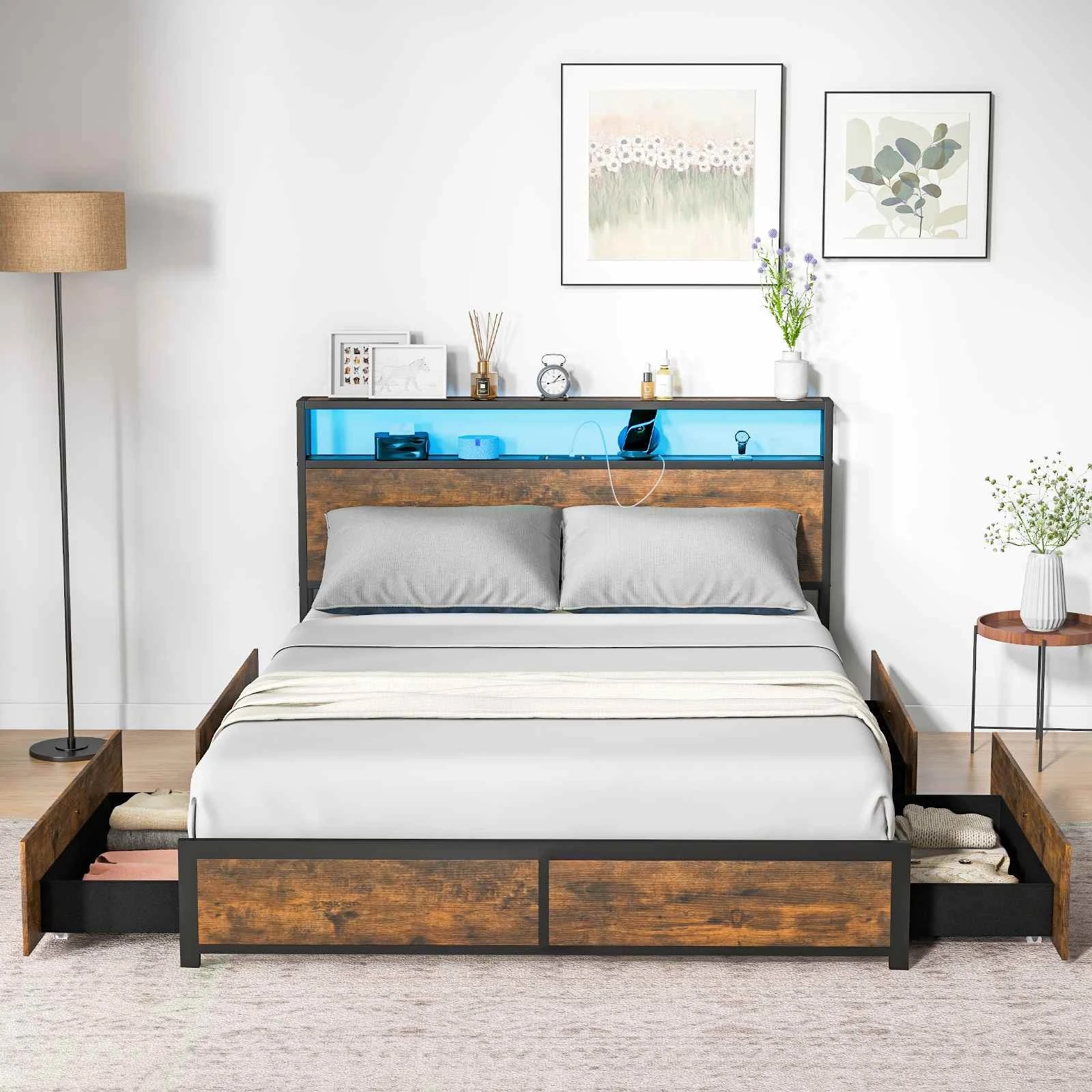 3 Costway Queen Size Metal Bed Frame LED Bed Base w/Drawers, 3 of 8