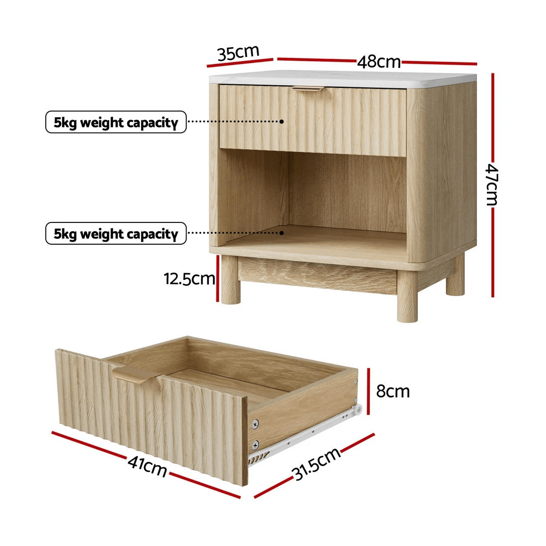 2 Artiss Bedside Table Nightstand 1 Drawer Shelves Pine - Natural, 2 of 7