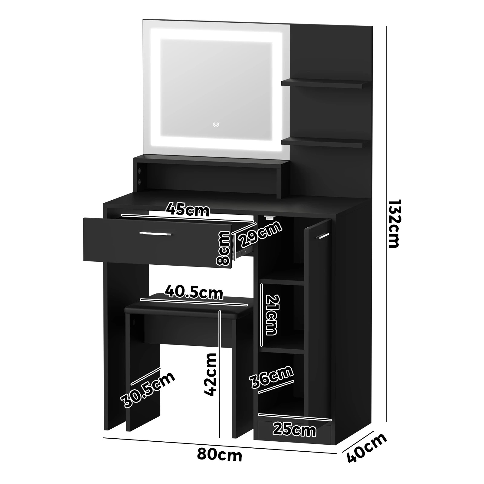 9 Oikiture Dressing Table Stool Set Makeup Mirror Led Light Large Cabinet
 - Black, 9 of 9