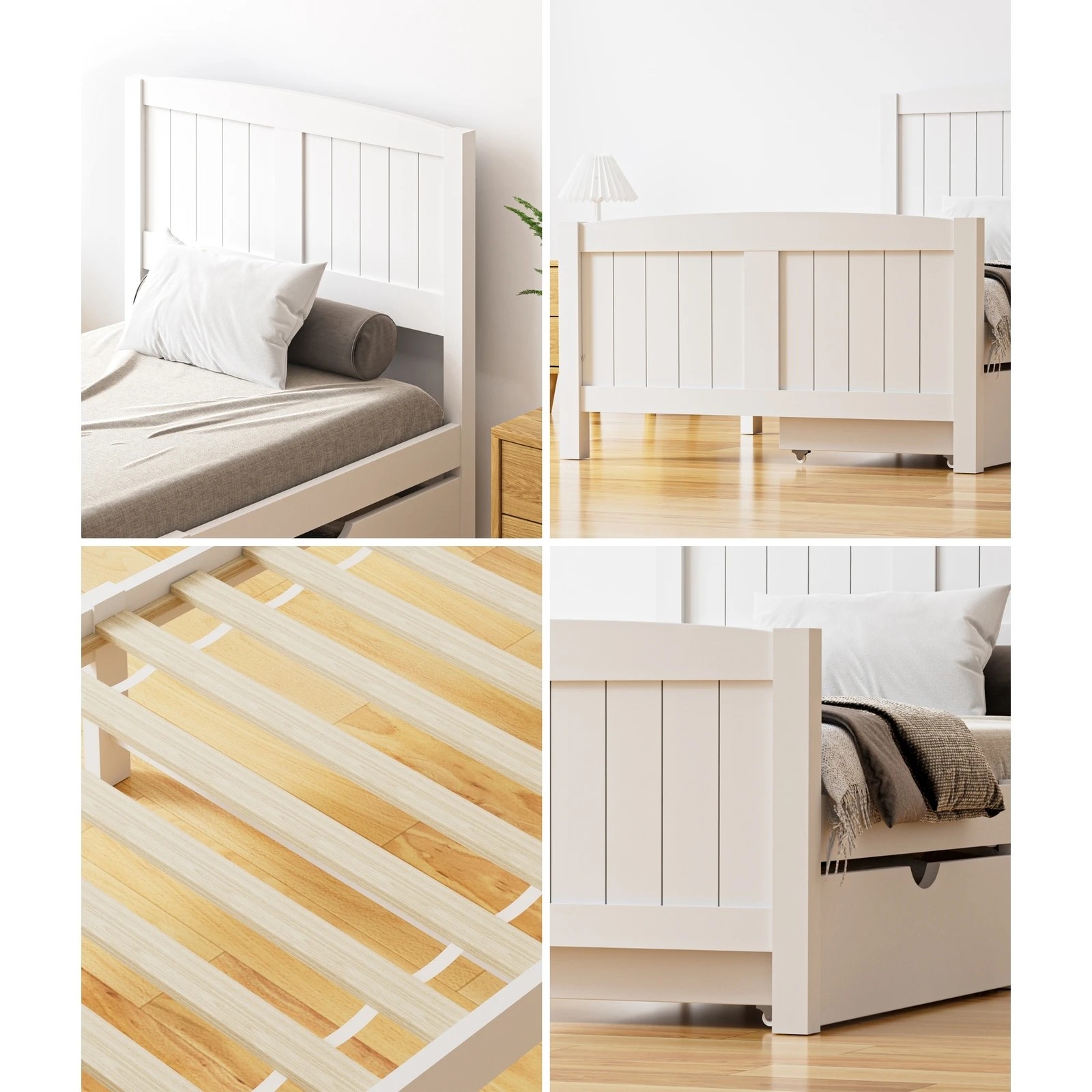3 Oikiture Wooden Bed Frame Single Size Base With Trundle Storage Drawers
 - White, 3 of 8