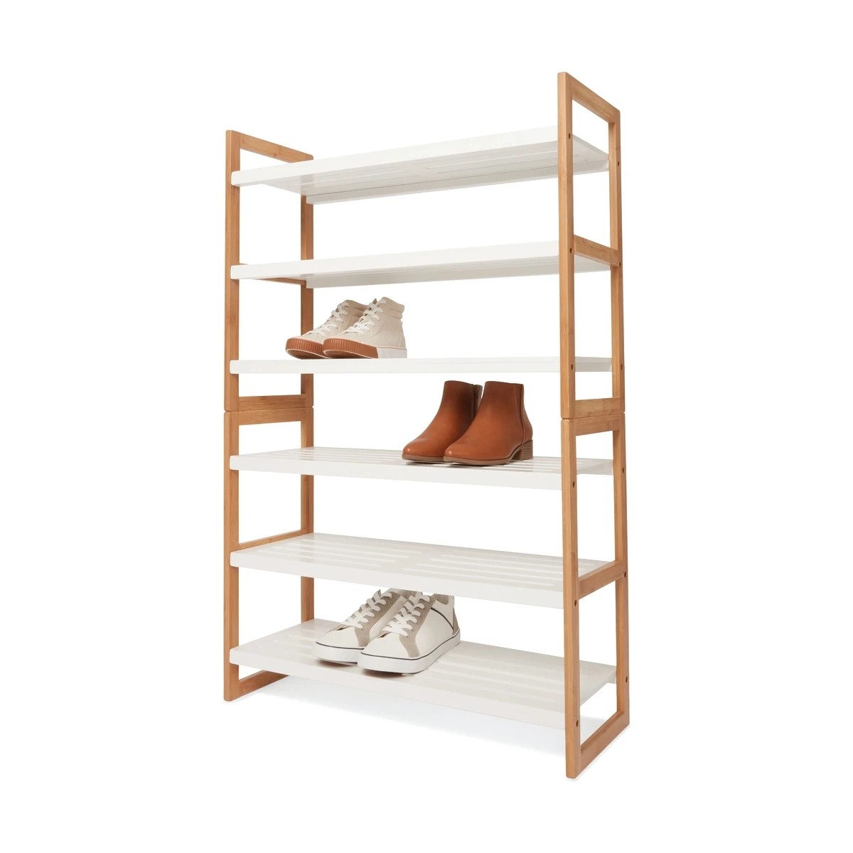 4 3 Tier Stackable Bamboo Shoe Rack with White Shelves, 4 of 5