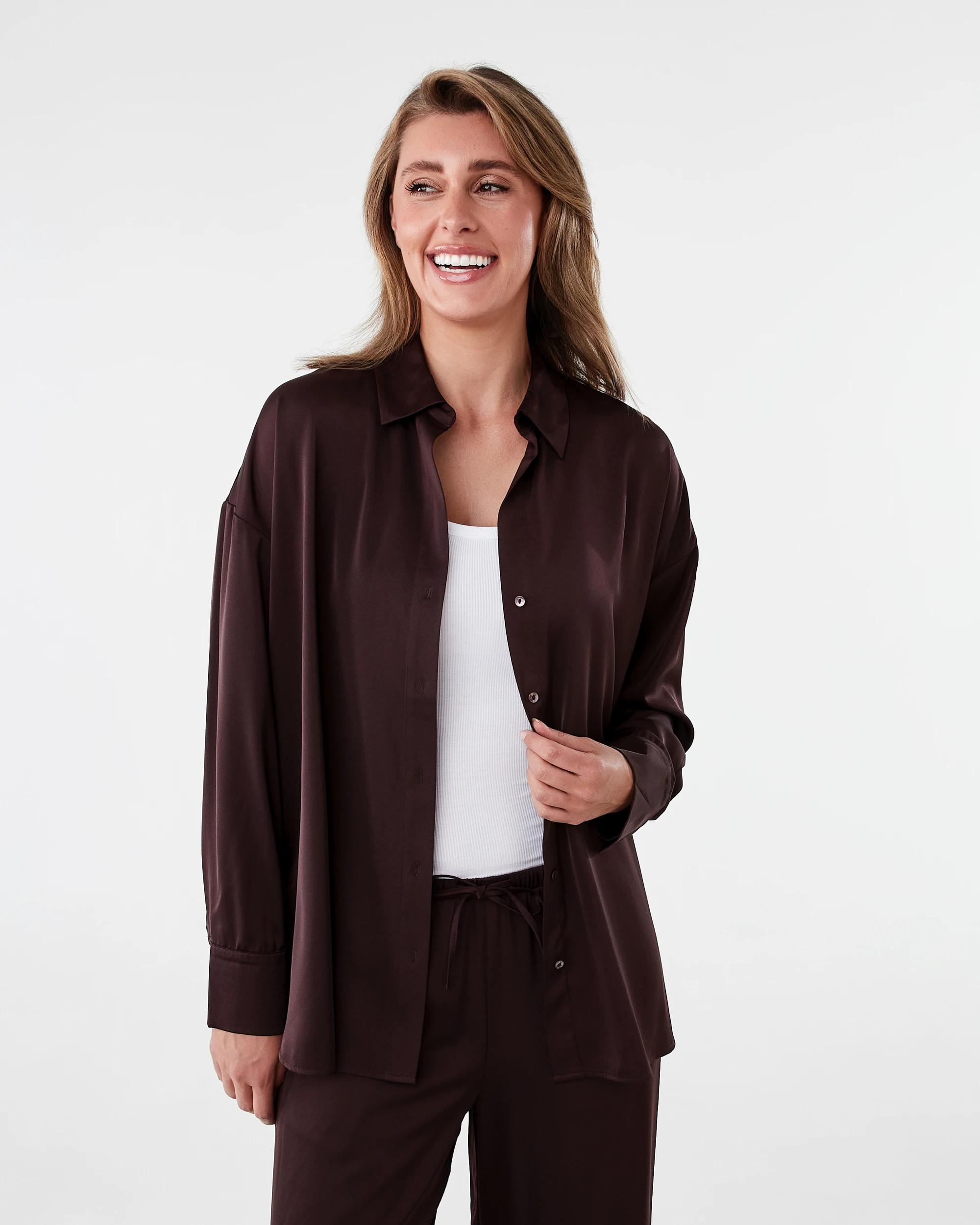 1 Long Sleeve Oversized Satin Shirt Choc Plum, 1 of 10