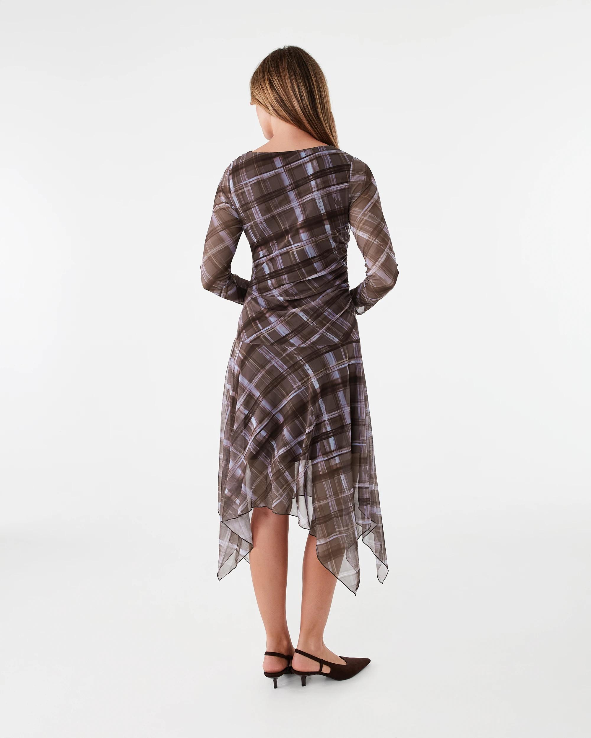 3 Long Sleeve Mesh Asymmetrical Hem Midi Dress Choc Chk, 3 of 7