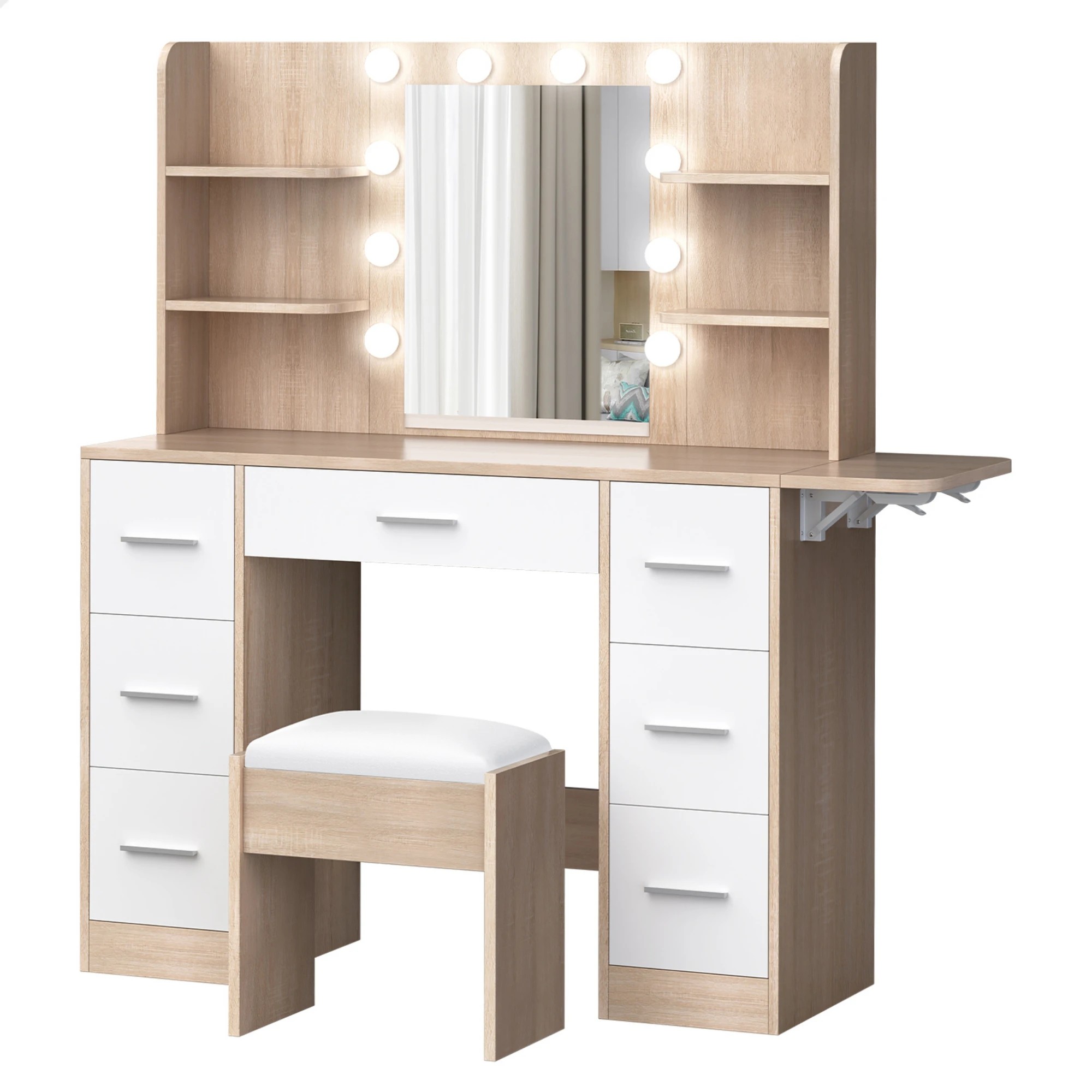 1 Alfordson Dressing Table Stool Set Makeup Mirror Vanity Desk LED Bulbs - Oak, 1 of 10