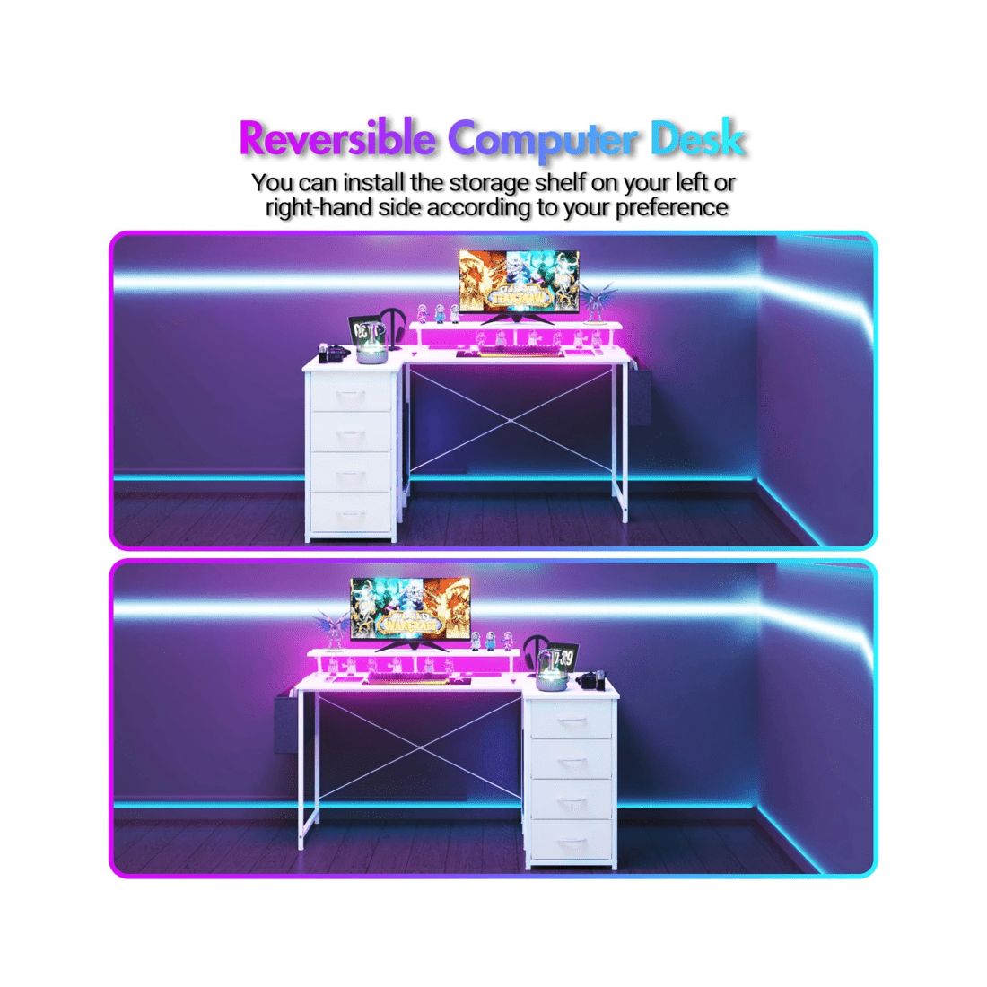 4 Advwin L Shaped Gaming Desk With Led Lights & Power Outlets 160cm Convertible Computer Desk With Monitor Stand White, 4 of 10