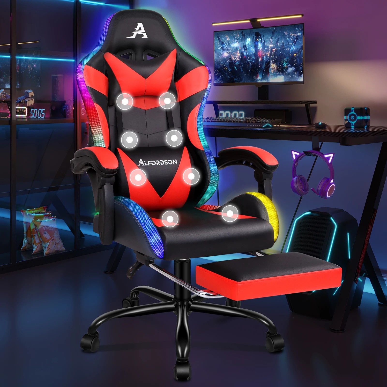 2 Alfordson Gaming Chair Office Massage 12 RGB LED Computer Seat PU Leather - Red, 2 of 10