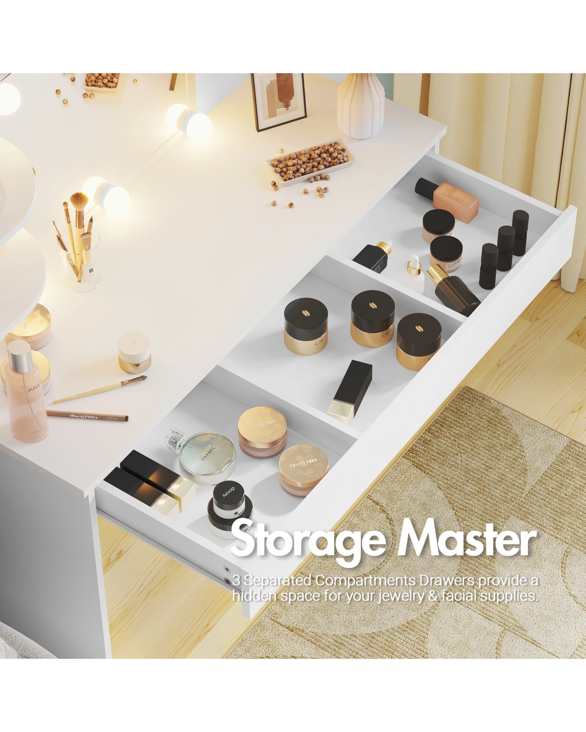 5 Advwin Dressing Table Stool Set 10 LED Lights Makeup Mirror Vanity Desk with Shelves Drawers Dresser, 5 of 8