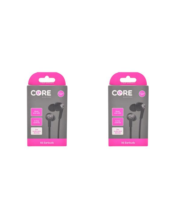 CORE 2PK Earbuds In-Ear Wired Earphones With Mic 3.5mm Jack 1.2m Cable - Black