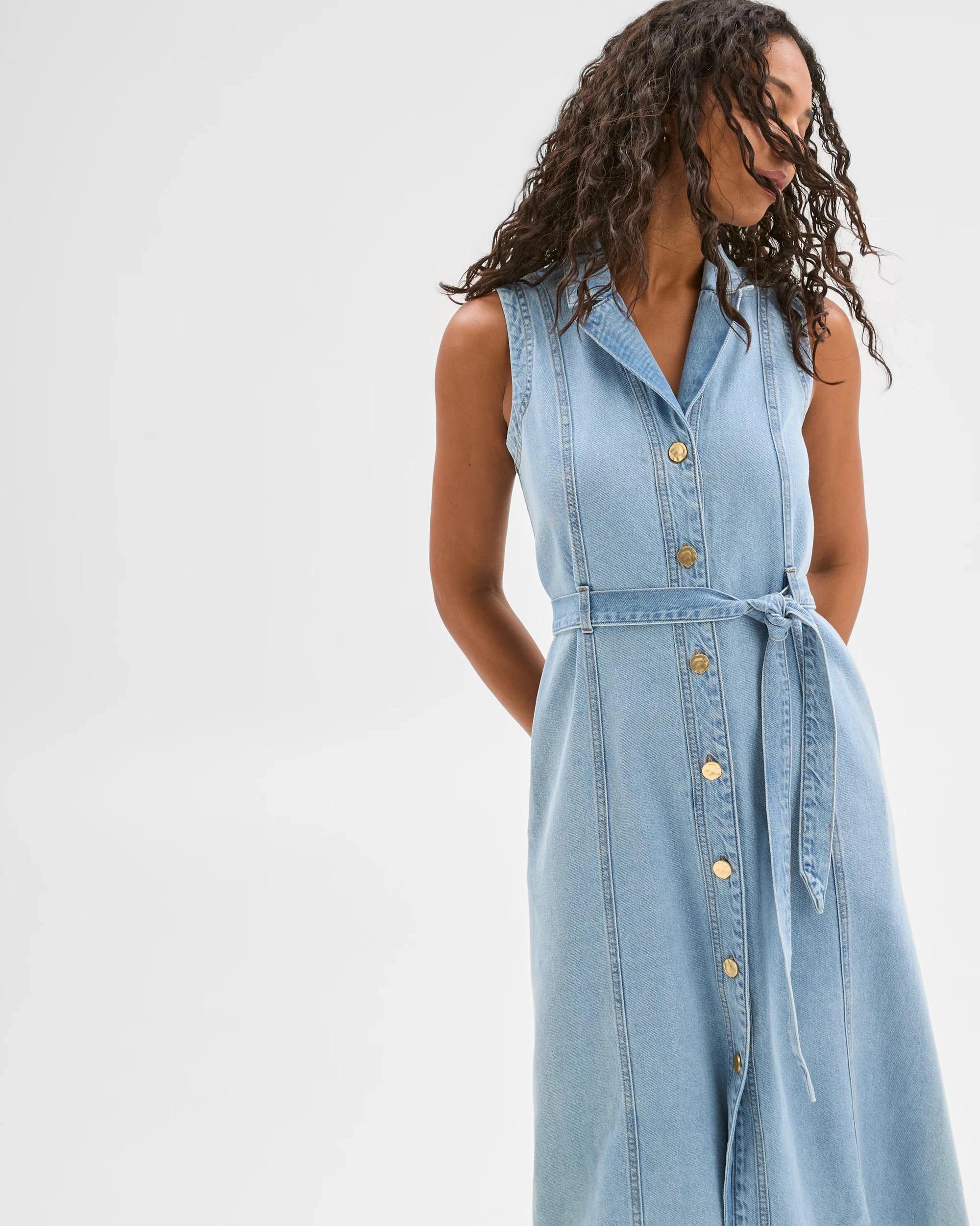 1 Target Denim Sleeveless Denim Belted Midi Shirt Dress CLASSIC BLEACH, 1 of 6