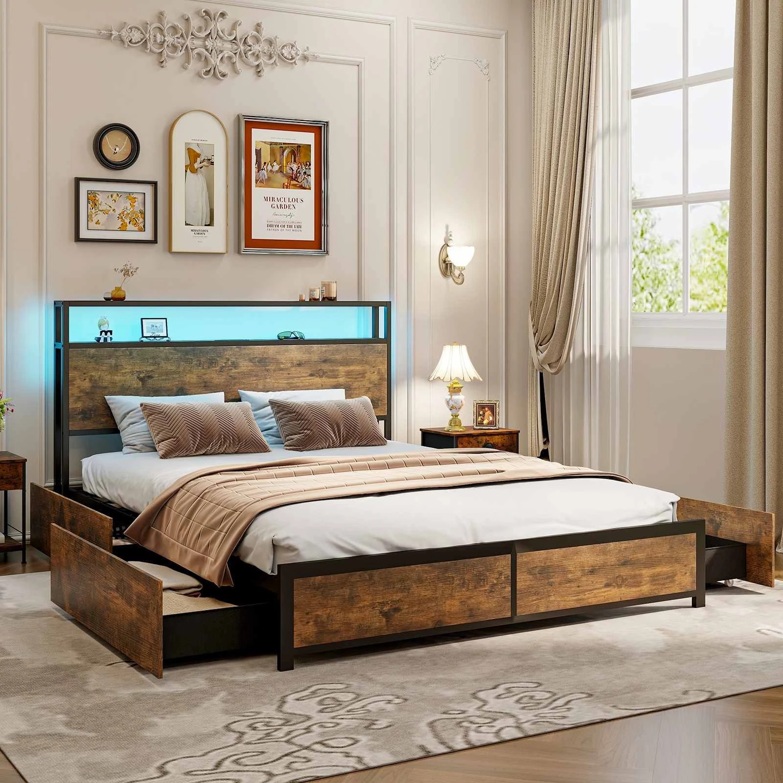 2 Costway Queen LED Metal Bed Frame Platform Bed w/Charging Station 4 Drawer Remote/App, 2 of 4