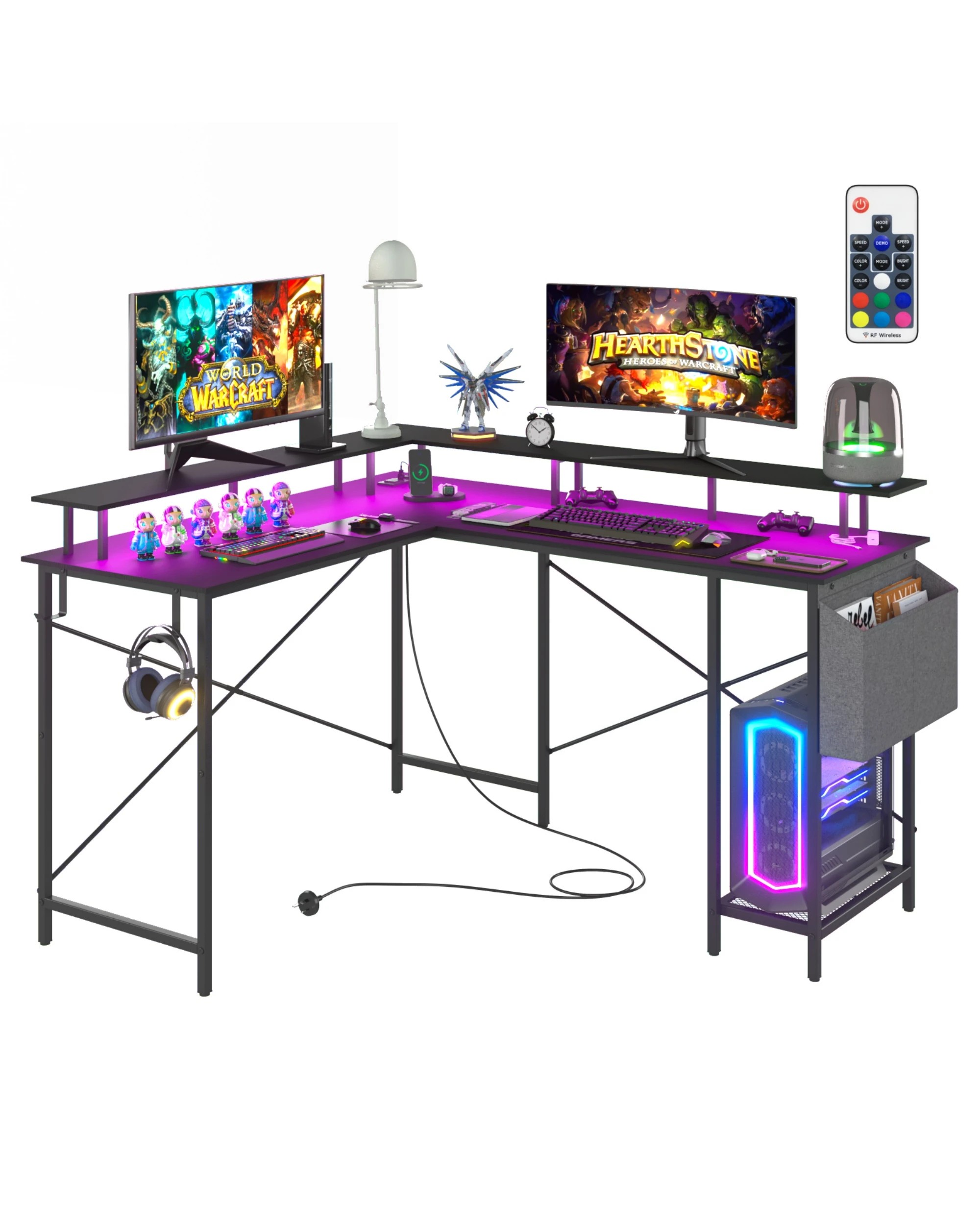 1 Advwin L Shaped Computer Gaming Desk With Led Lights & Power Outlets Black, 1 of 9