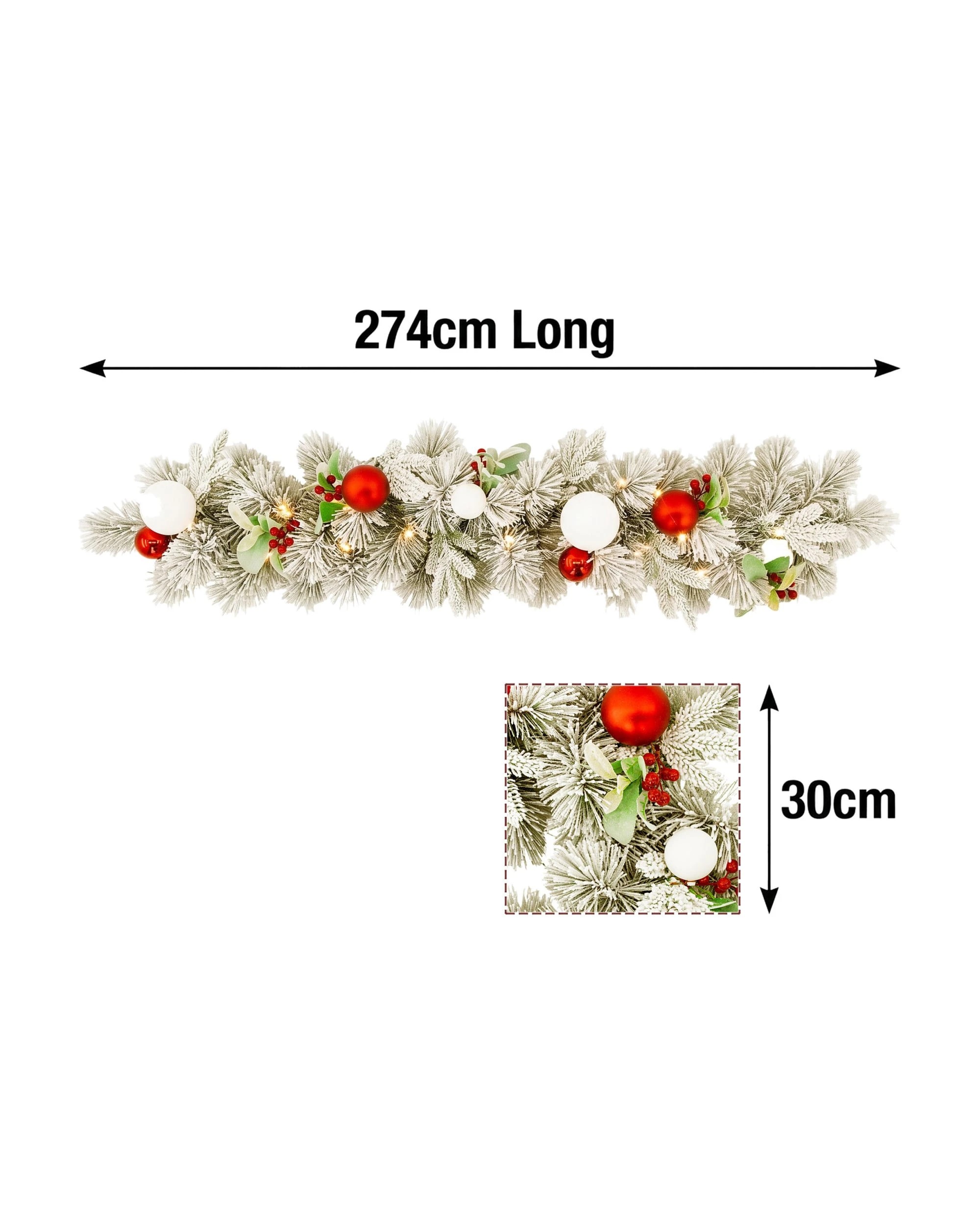 2 Christabelle 2.74m Snowy Elegance Christmas Garland Pre Lit Warm White LED Red Baubles Berries Flocked Mantel Banister, 2 of 7