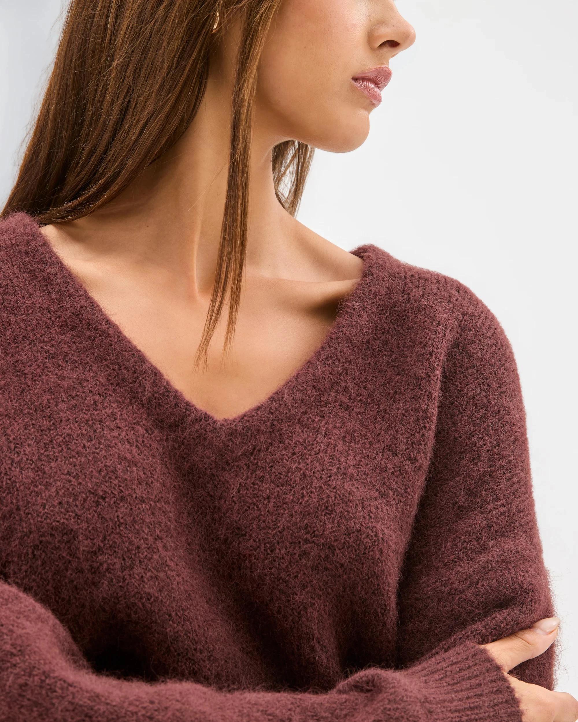 5 Lily Loves V-Neck Fluffy Knit Jumper BURGUNDY, 5 of 6