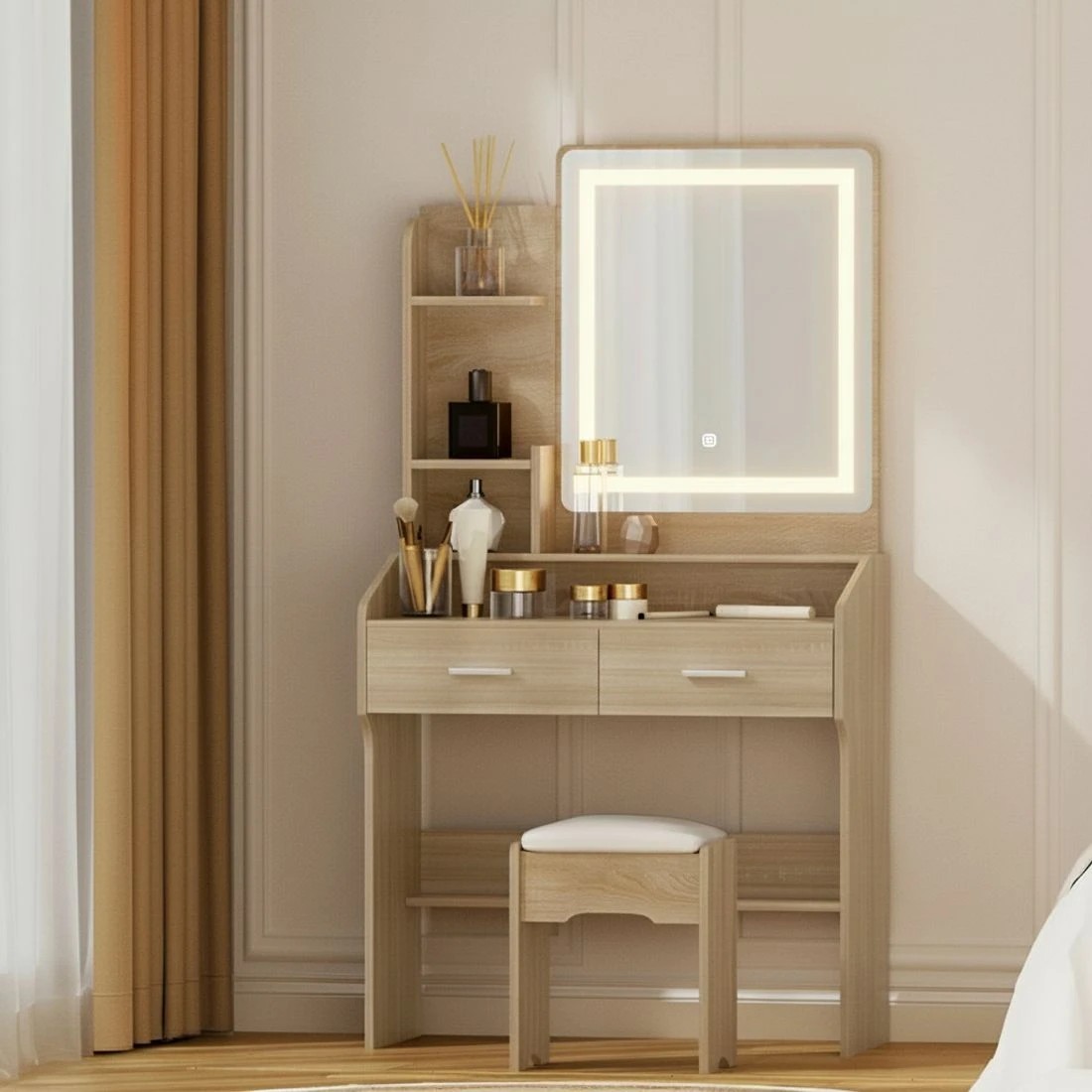 8 Artiss Dressing Table Set Stool Led Wood - Natural, 8 of 8