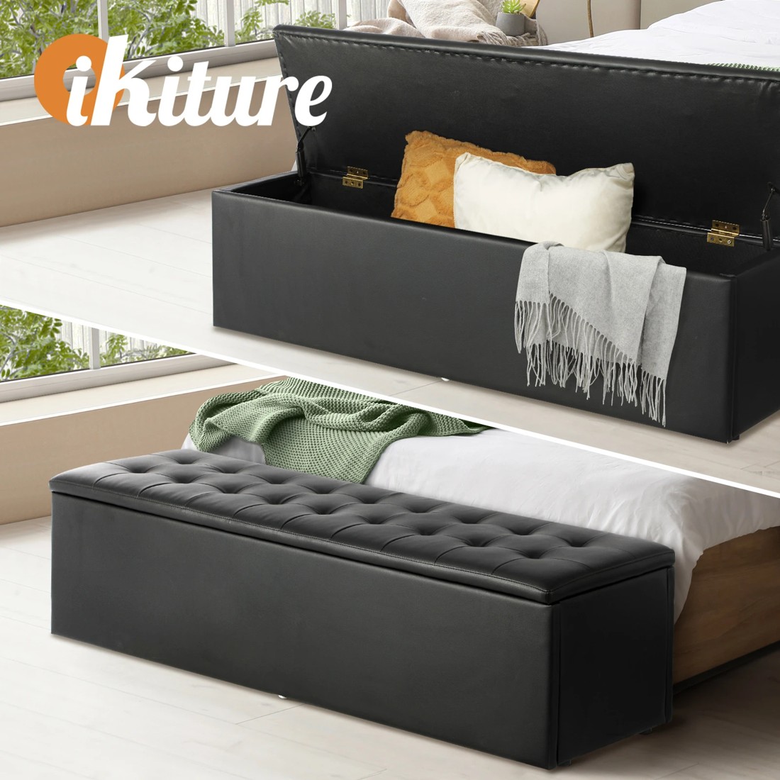 2 Oikiture Storage Ottoman Blanket Box Foot Stool Xl Chest Toy Faux Leather
 - Black, 2 of 10