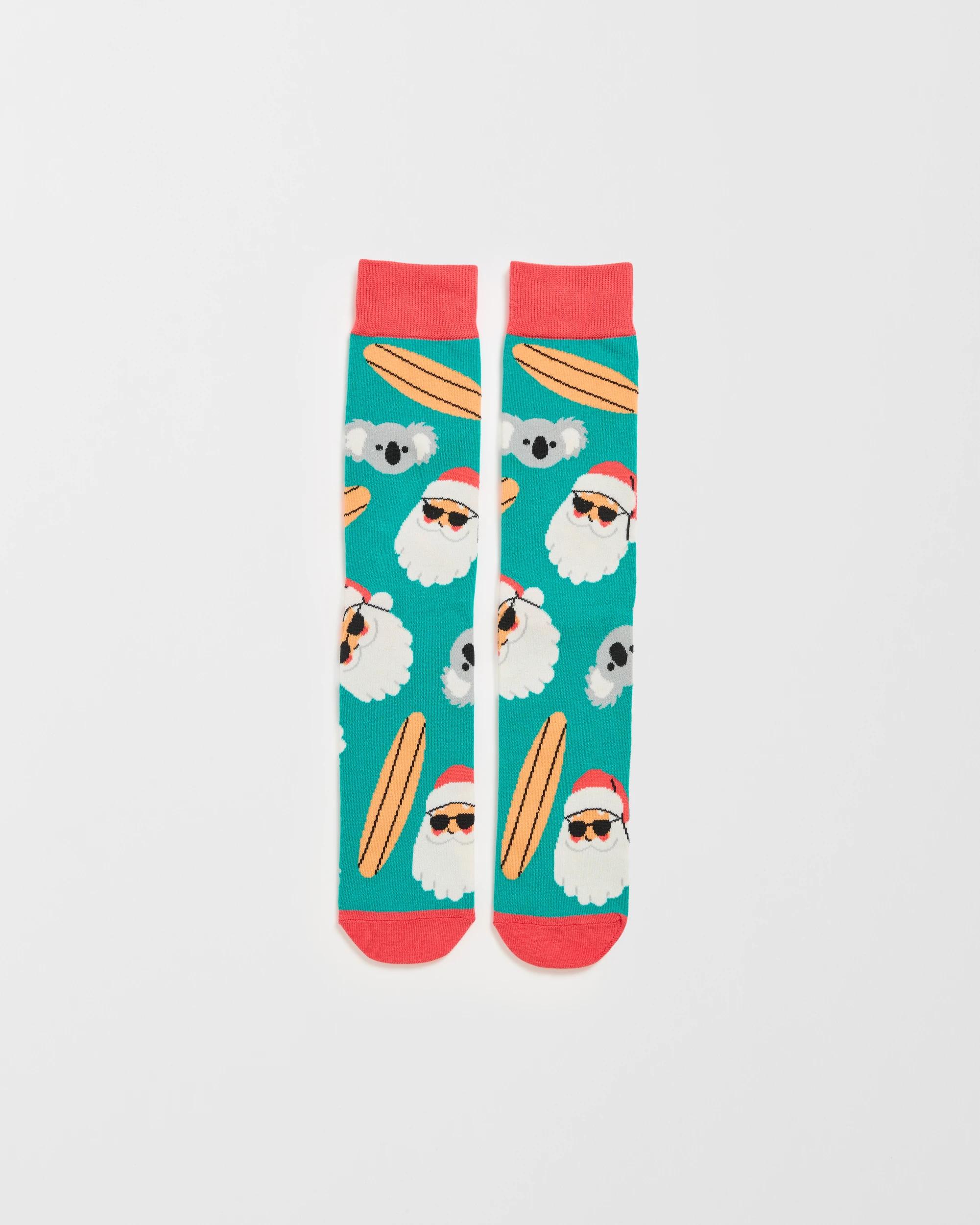 1 Swag  Crew Socks - Christmas Aussie BBQ Santa TEAL, 1 of 2