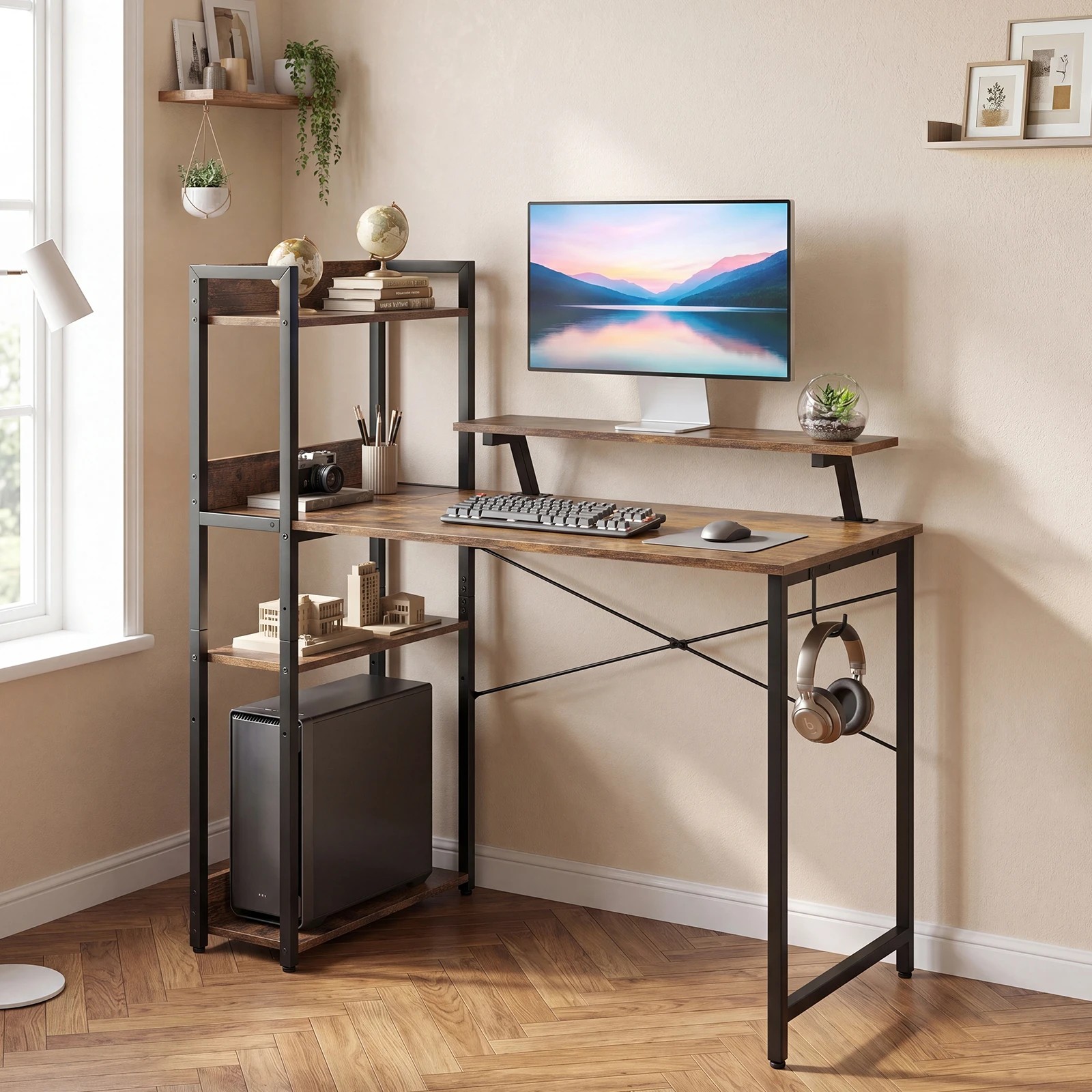 3 Costway Reversible Computer Desk w/LEDs & Charging Station Home Office Gaming Desk - Brown, 3 of 5