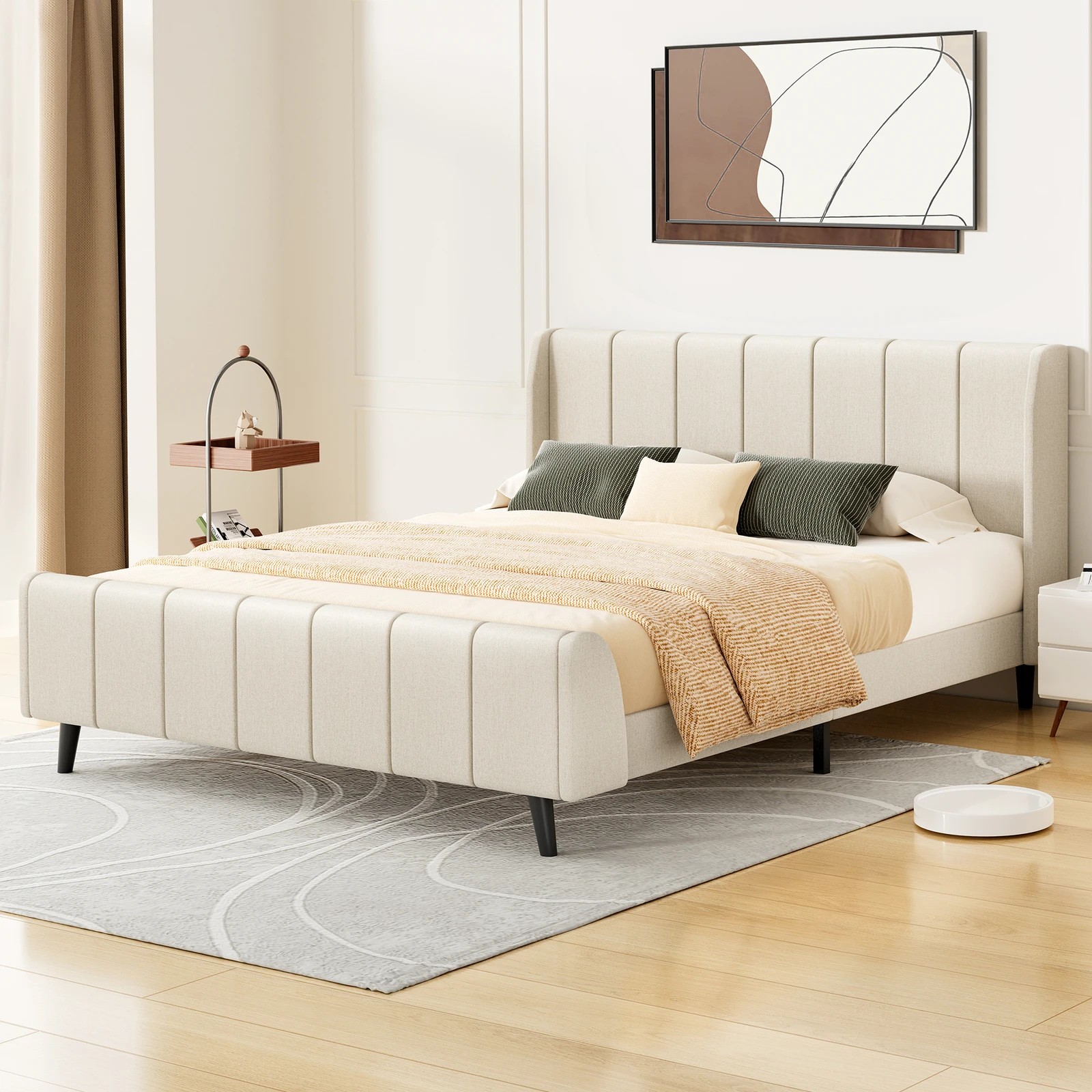 2 Alfordson Bed Frame Queen Size Tufted Headboard Base Beige Fabric Hundolf - Beige, 2 of 10