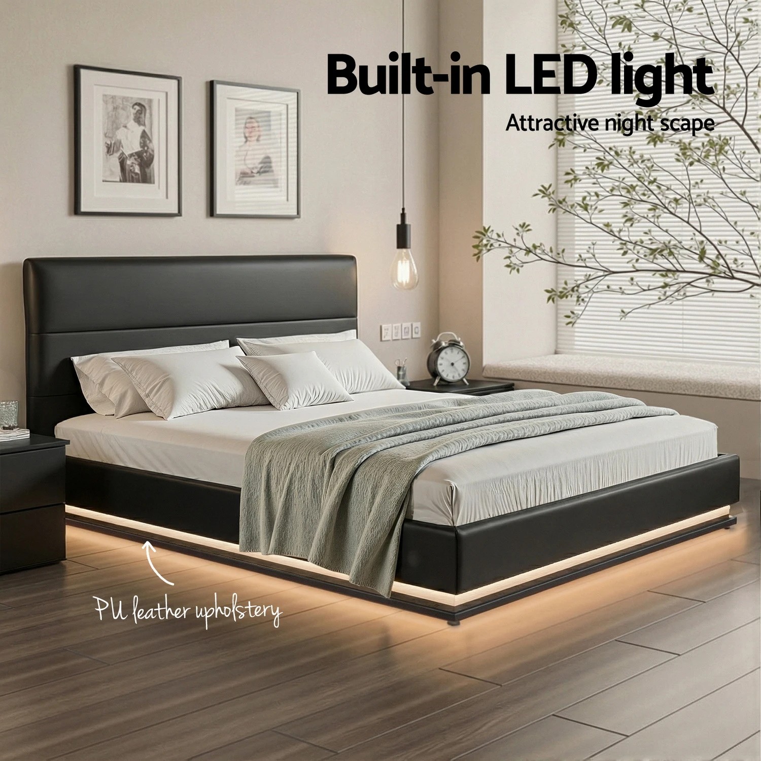 5 Artiss Bed Frame LED Gas Lift - Double Bed - Black, 5 of 7