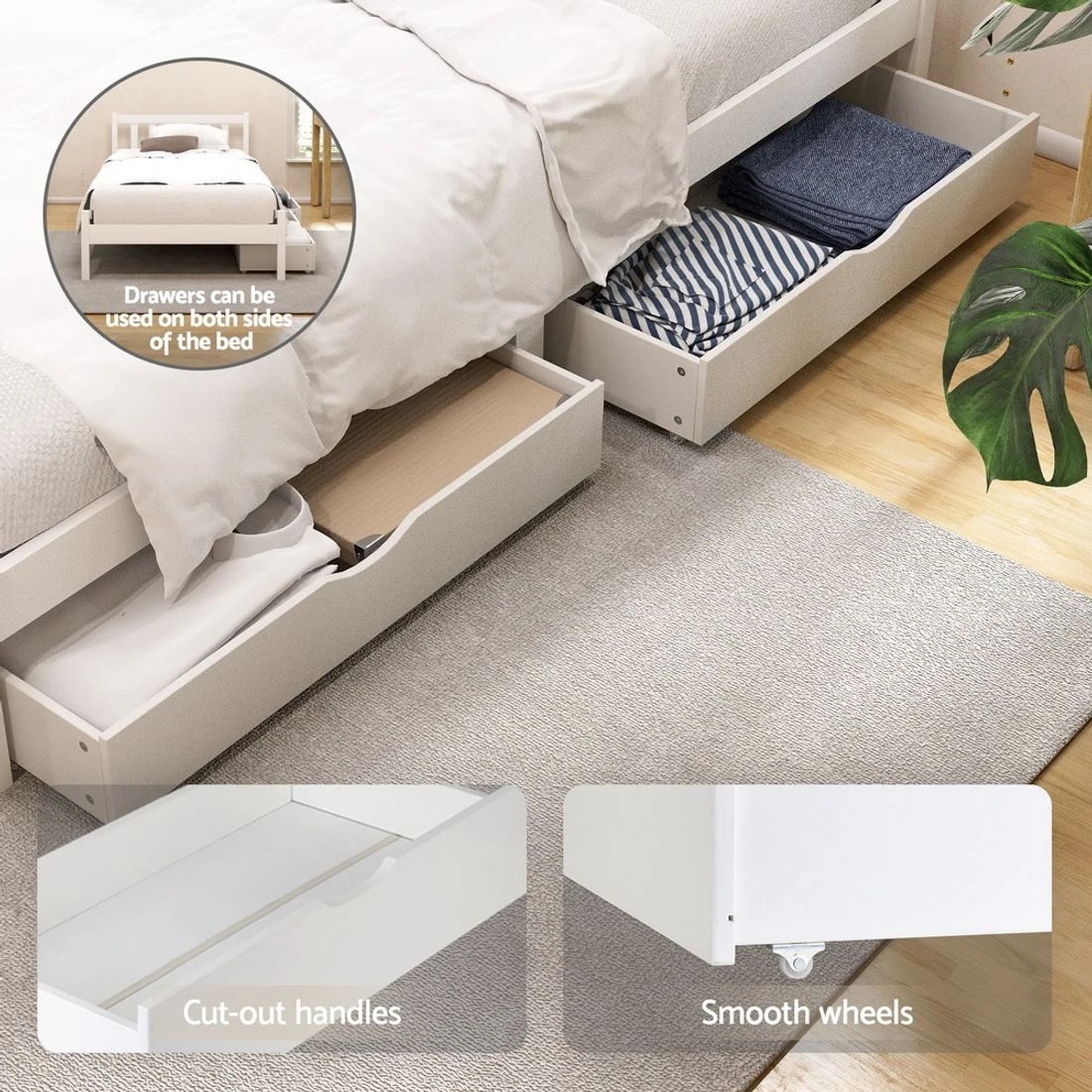 3 Artiss Bed Frame King Single Size Wooden Platform with 2 Storage Drawers - White, 3 of 8